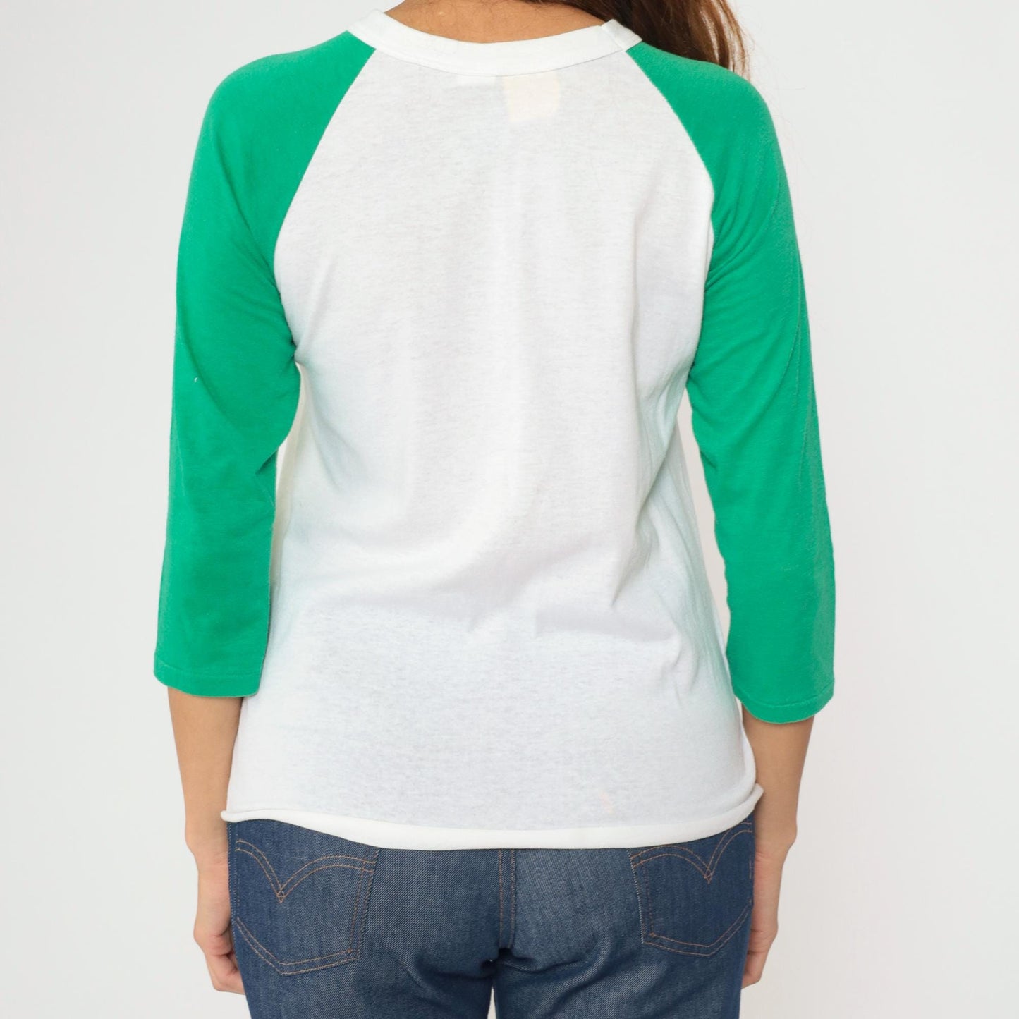 80s Raglan Baseball Tee White Green Doll Heart Graphic Small