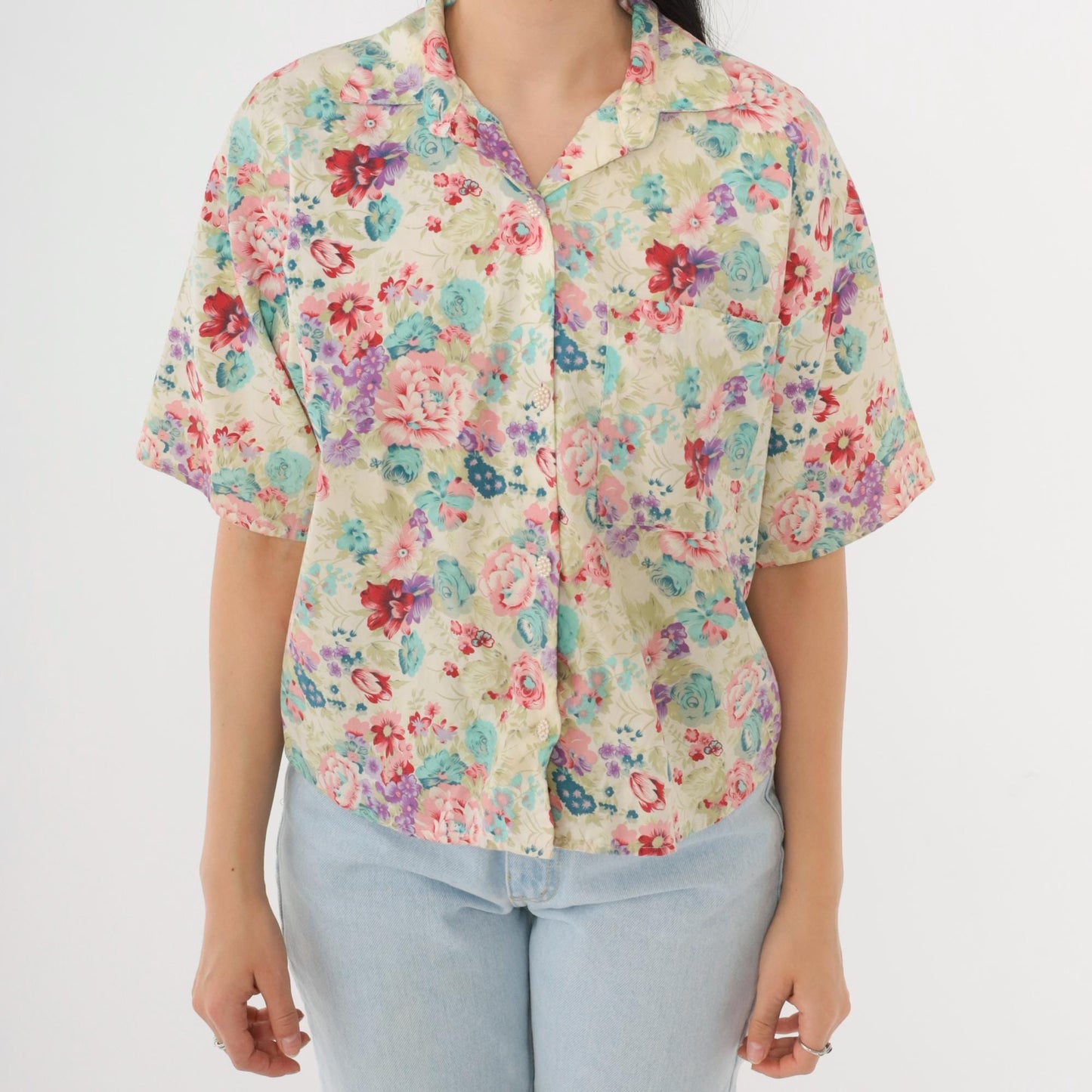 90s Judy Knapp Floral Button Up Blouse Pearl Cluster Off-White Pink Blue Small