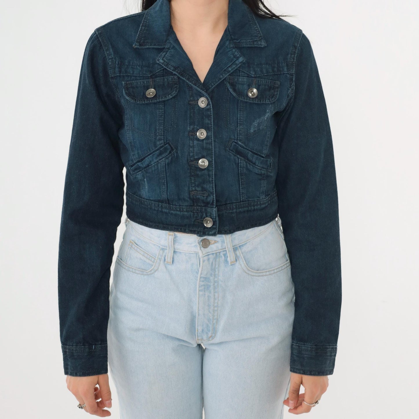 L.E.I. Cropped Dark Denim Jacket Y2K Button Front Fitted Small