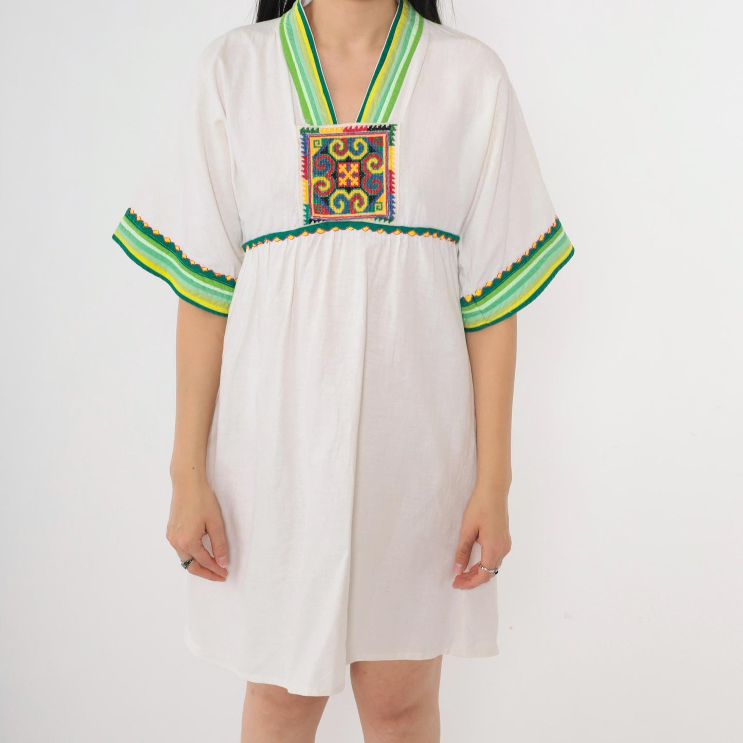 Y2K White Cotton Babydoll Dress Geometric Embroidery Empire Waist Small S