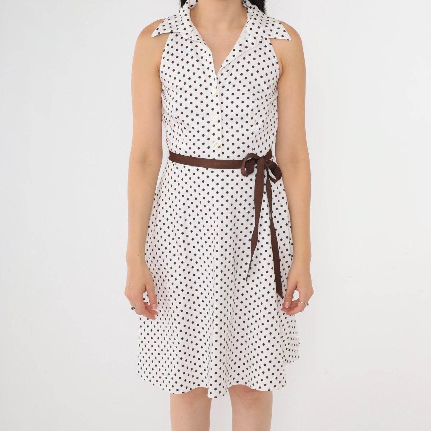 00s White Polka Dot Halter Mini Dress Brown Belt Button-Up Small 6