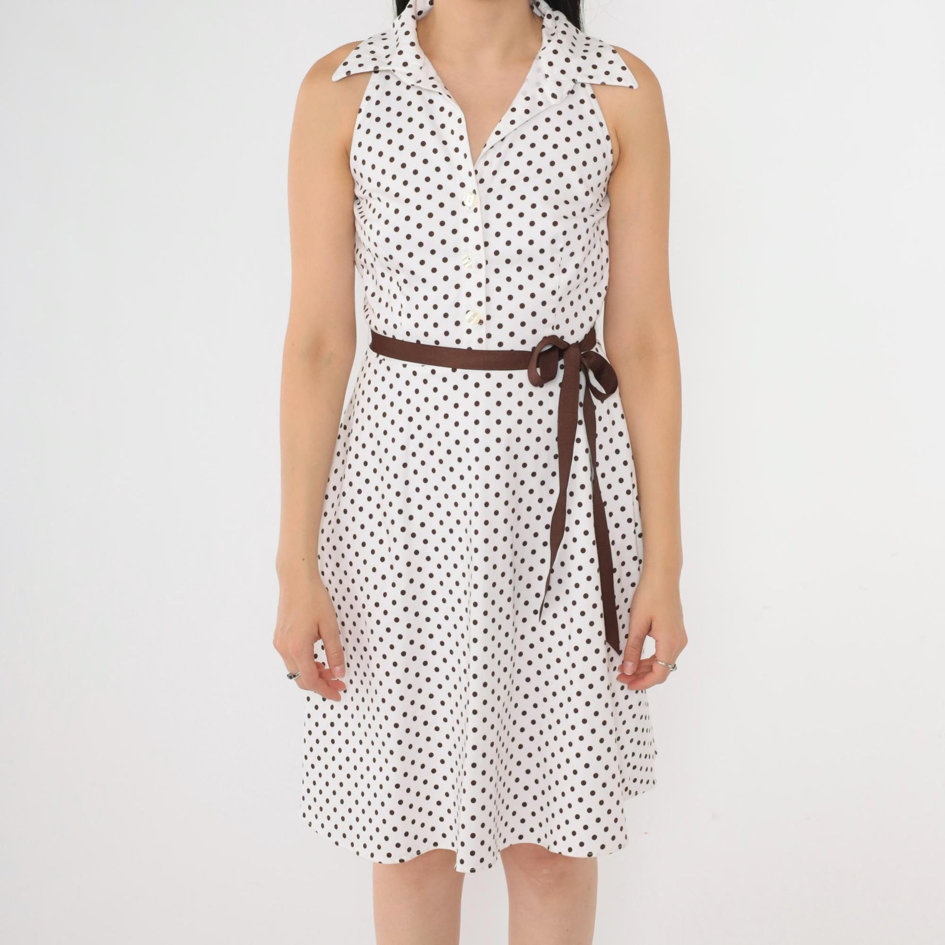 00s White Polka Dot Halter Mini Dress Brown Belt Button-Up Small 6