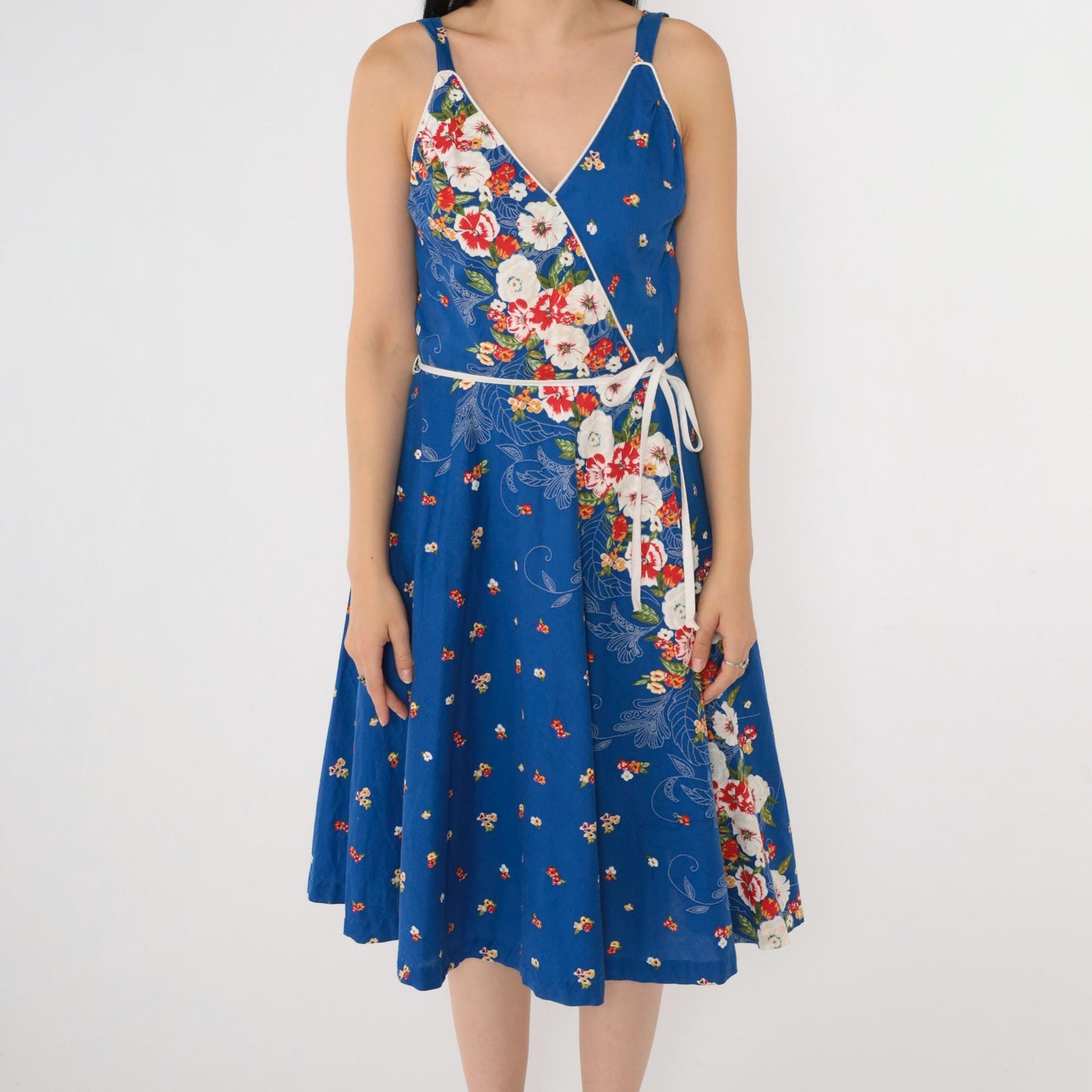 80s Royal Blue Floral Midi Dress Smocked High Waist V Neck Sleeveless Small