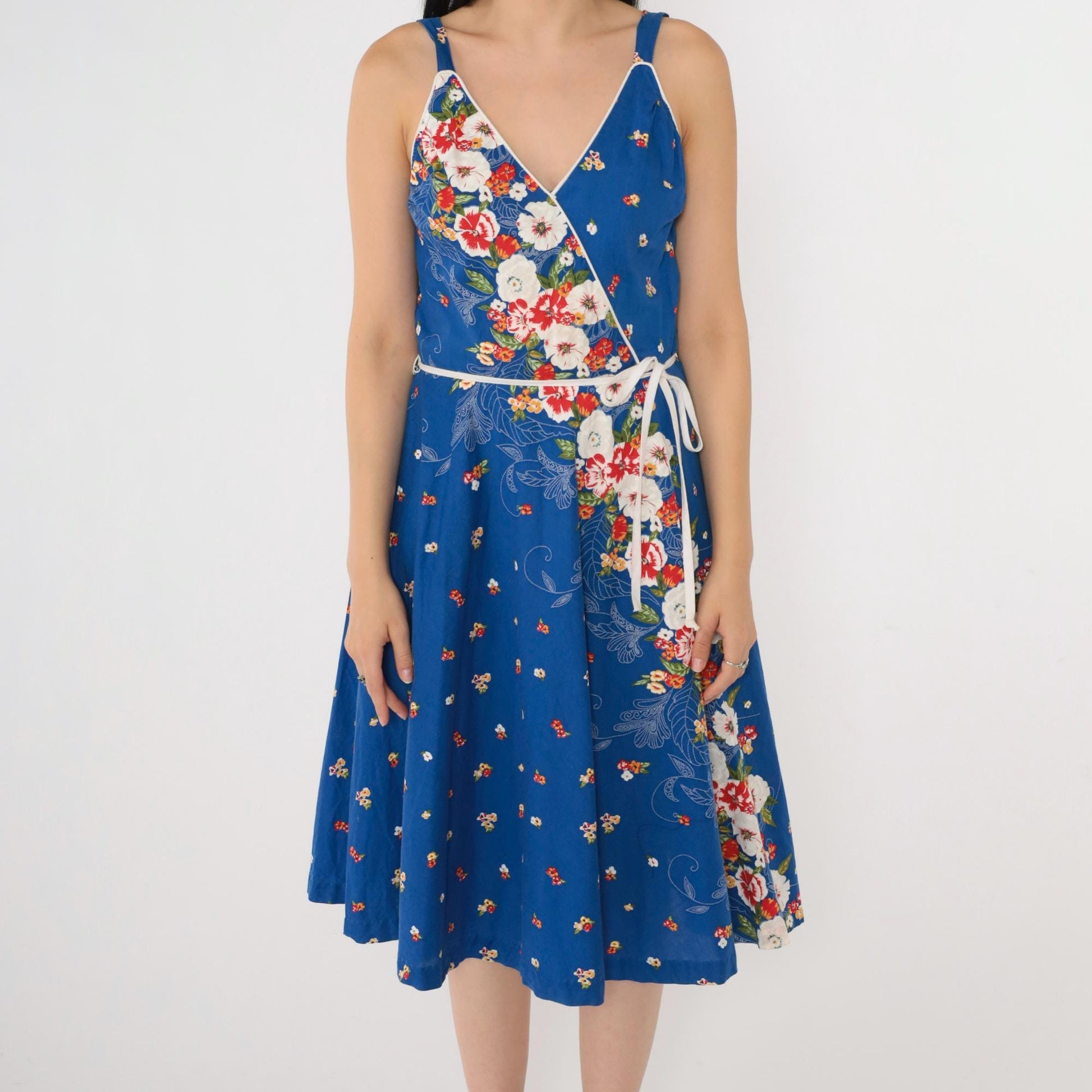 80s Royal Blue Floral Midi Dress Smocked High Waist V Neck Sleeveless Small