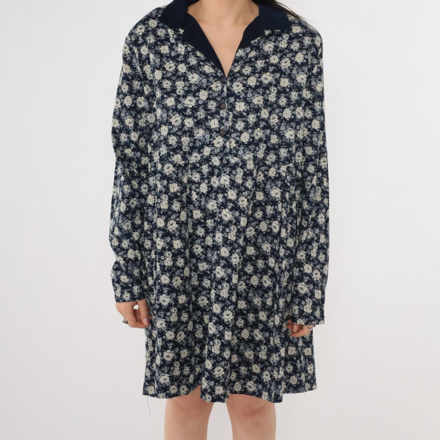 90s Navy Floral Button-Up Dress Corduroy Collar Long Sleeve Mini Extra Large