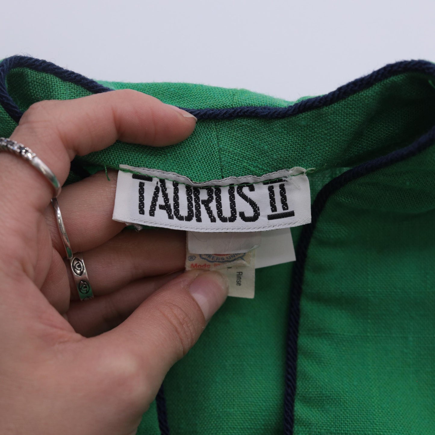 70s Green V-Neck Midi Dress Navy Trim Cap Sleeves A-Line Small