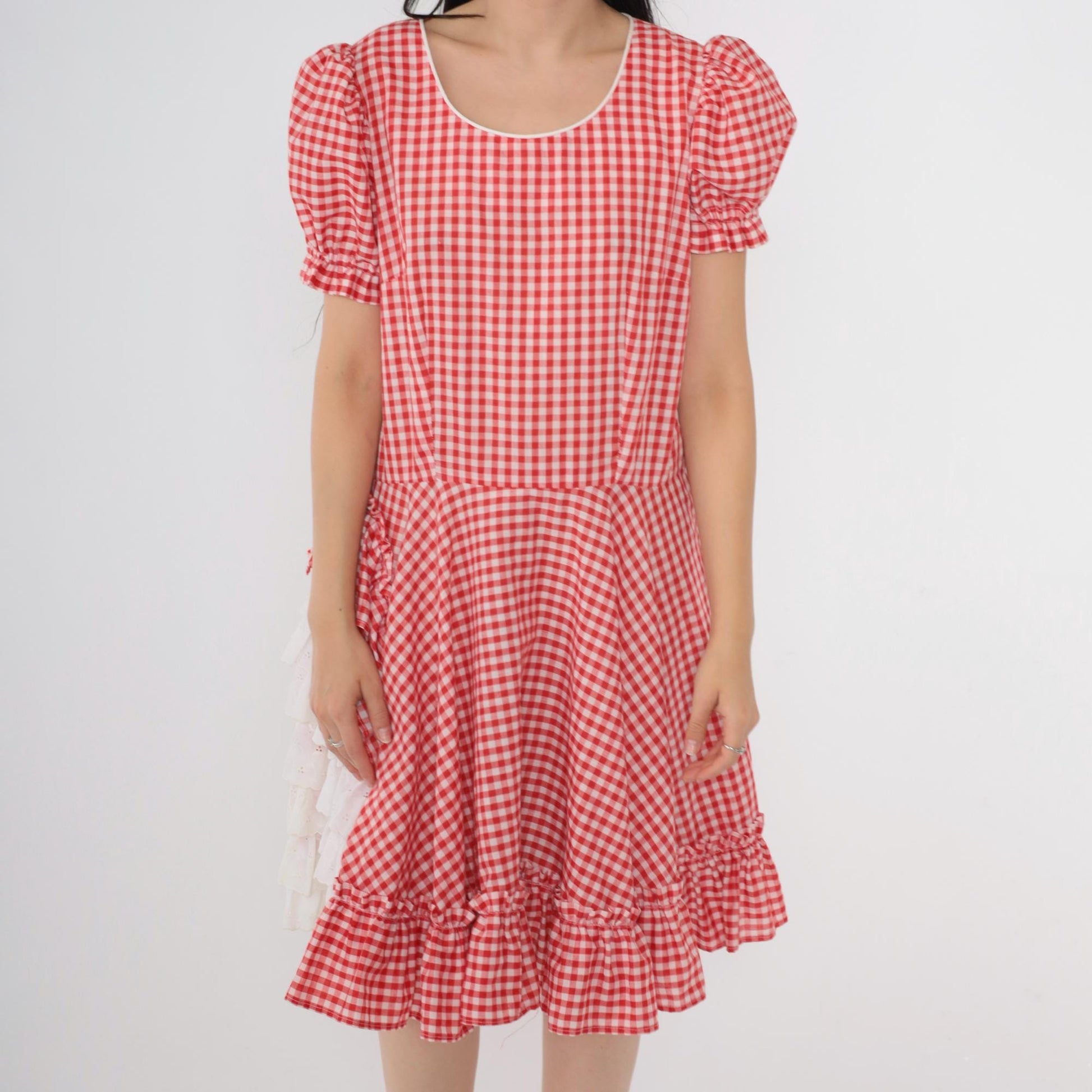 80s Red Gingham Square Dance Dress Puff Sleeve Eyelet Lace Midi Medium