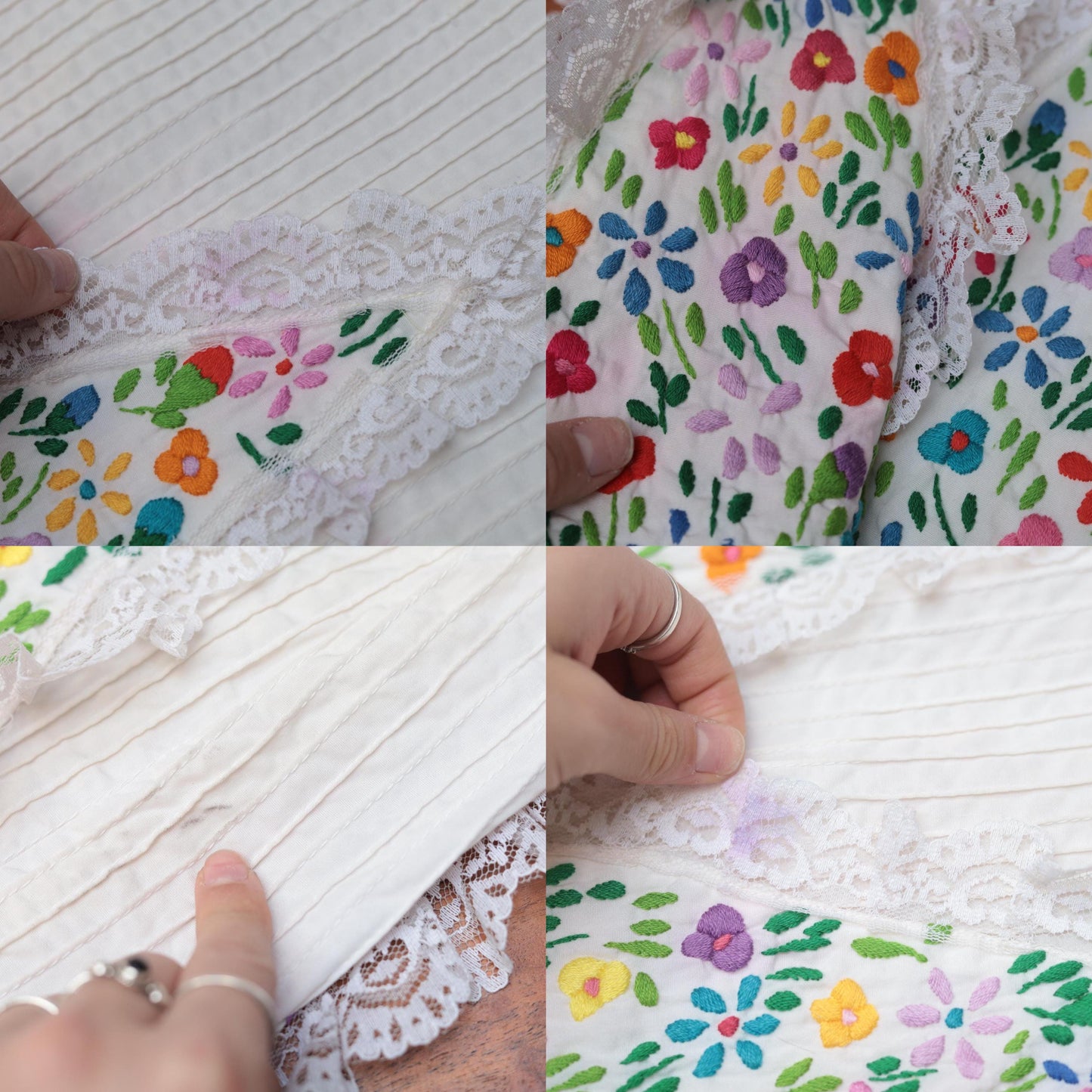 1970s Mexican Floral Embroidered Midi Dress Rainbow Lace Trim Shift Medium M