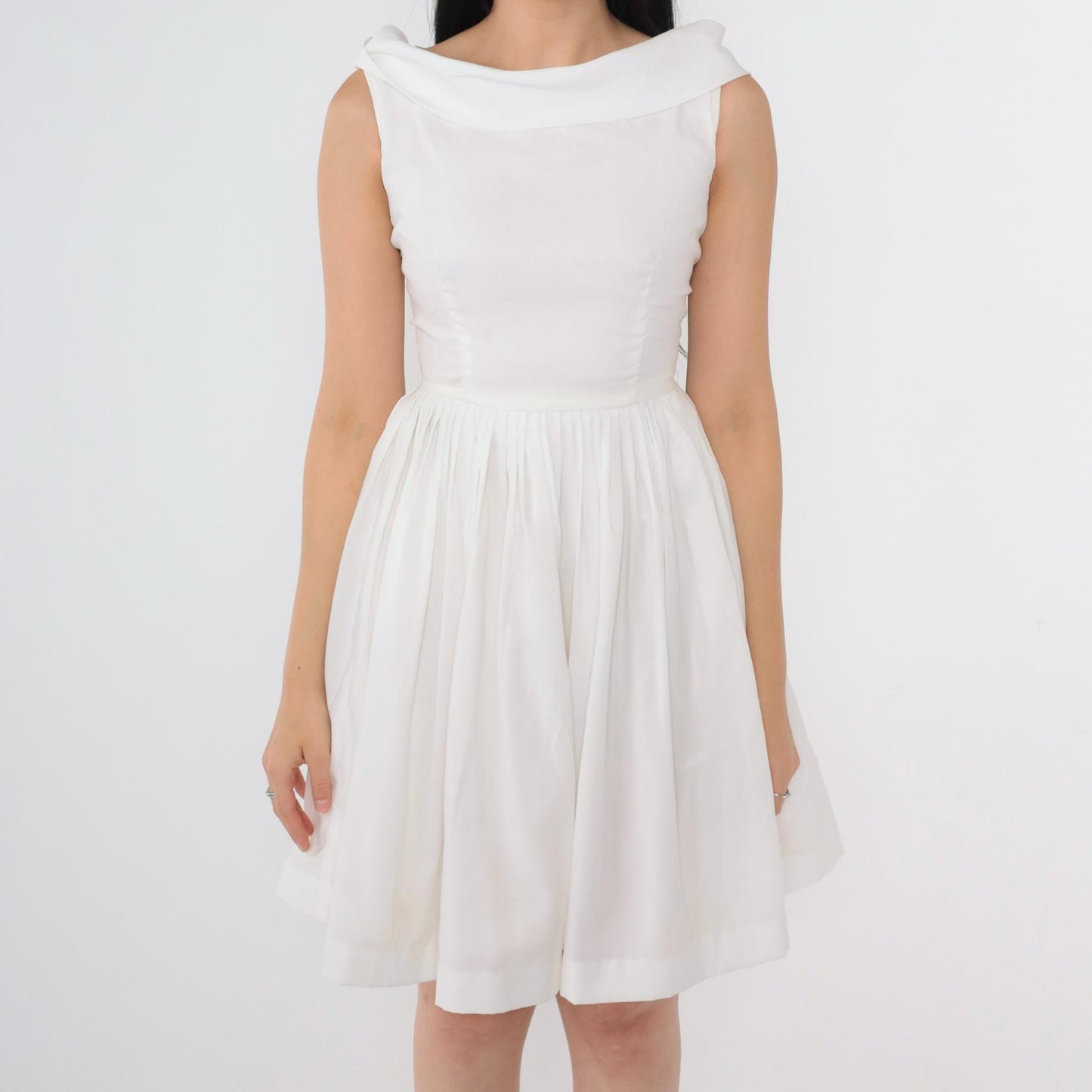 60s White Pleated Mini Dress High Waist Tie Back Skater Sleeveless Extra Small
