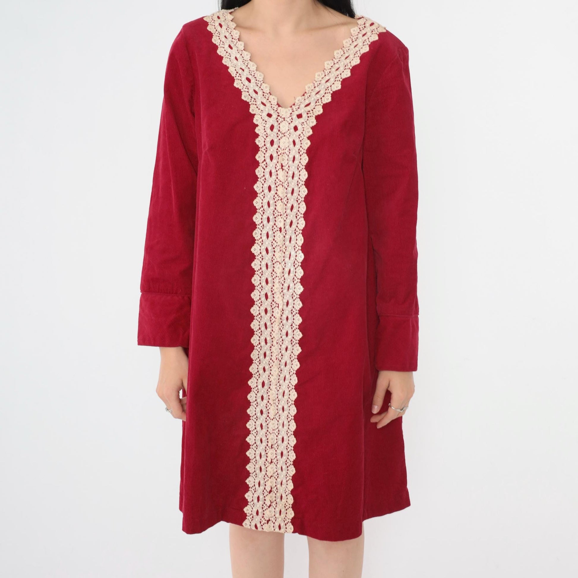 60s Carol of Mary Red Corduroy Shift Dress Cream Lace Trim V-Neck Mini Medium M