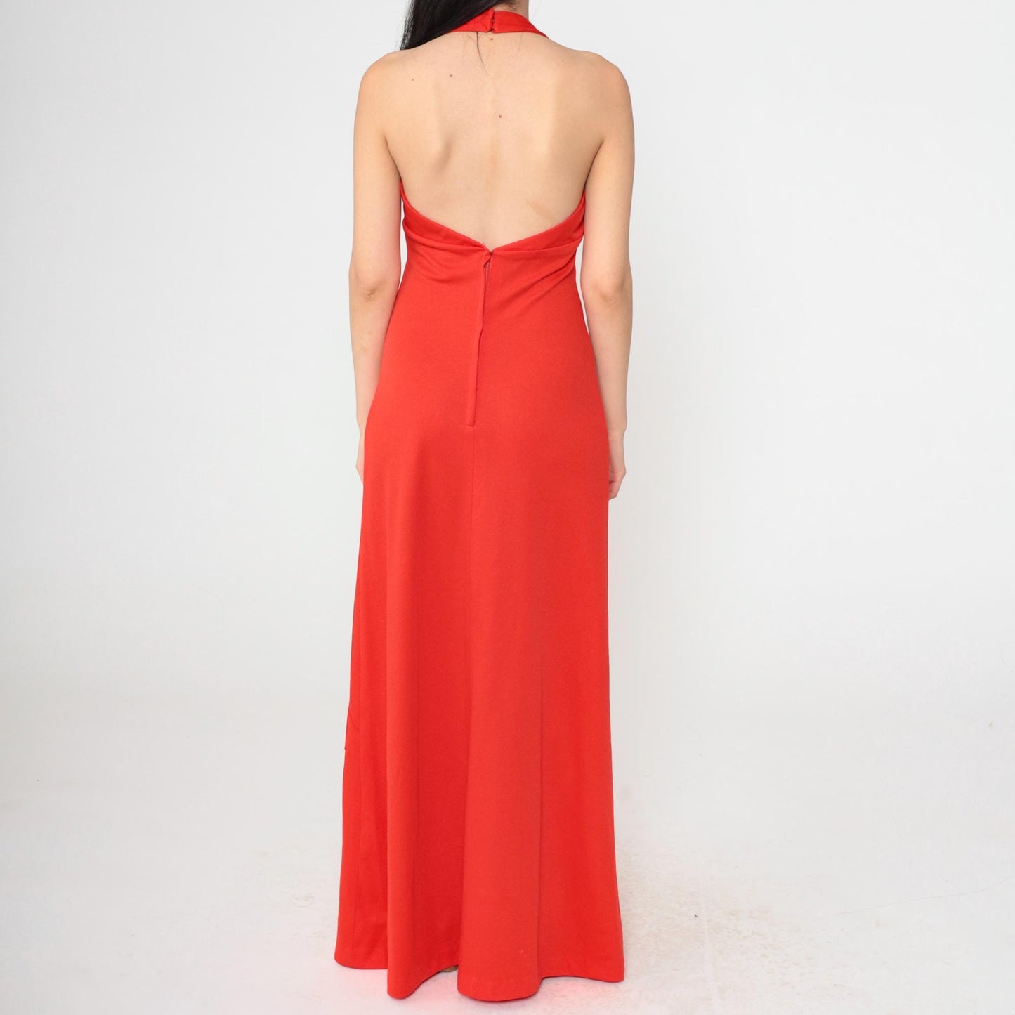 70s Red Halter Maxi Dress Deep V Neck Backless Empire Waist Small