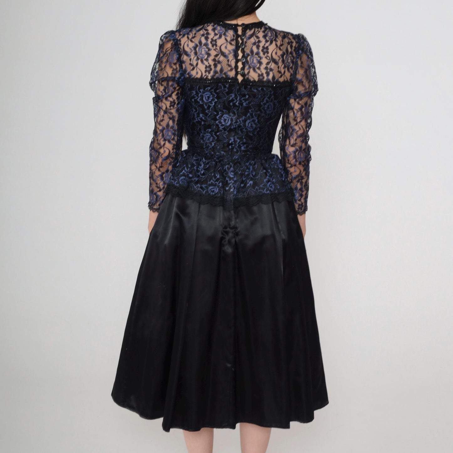 80s Gunne Sax Black Lace Midi Dress Sweetheart Neckline Peplum Extra Small