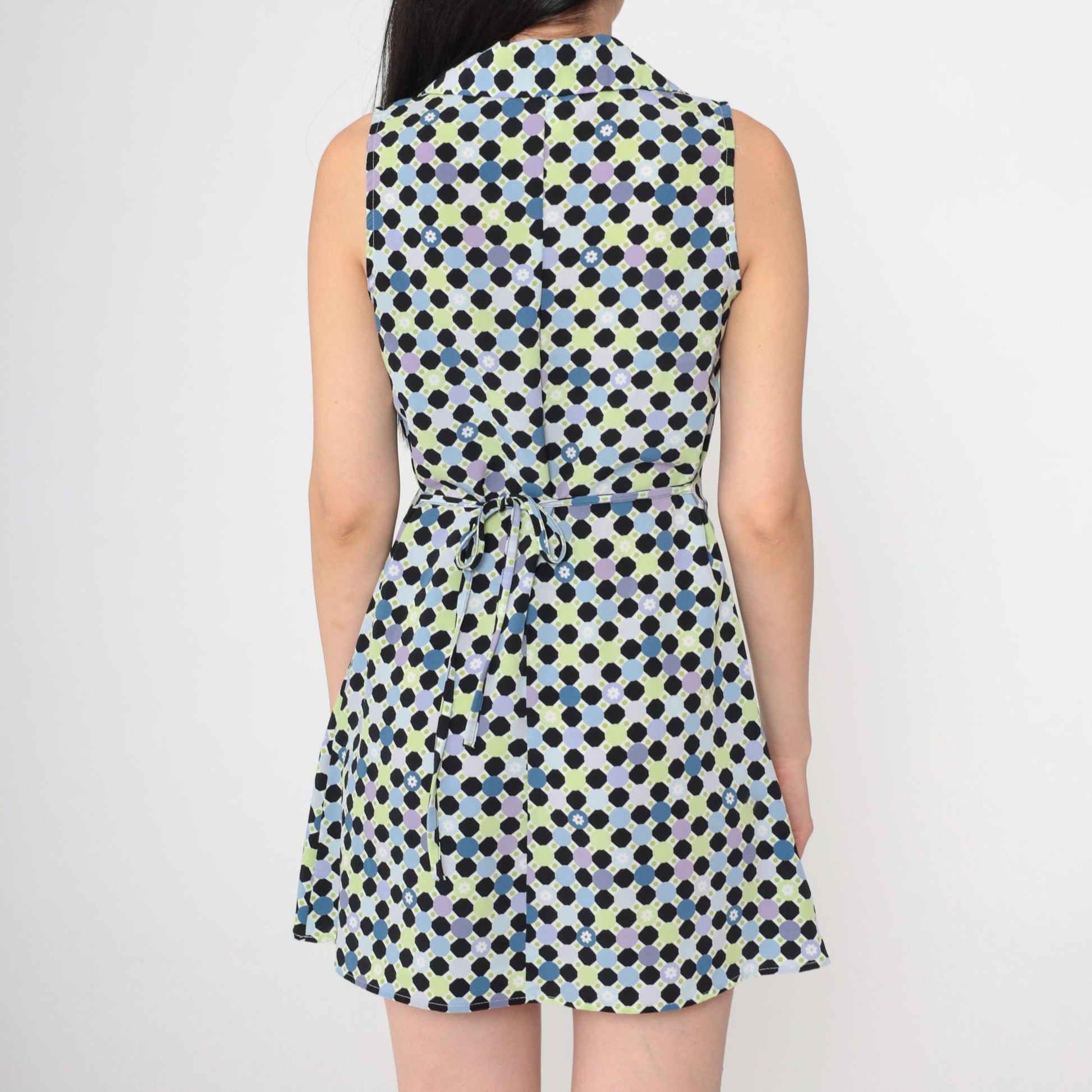 90s Geometric Polka Dot Mini Dress Sleeveless Collared Tie-Back Small S