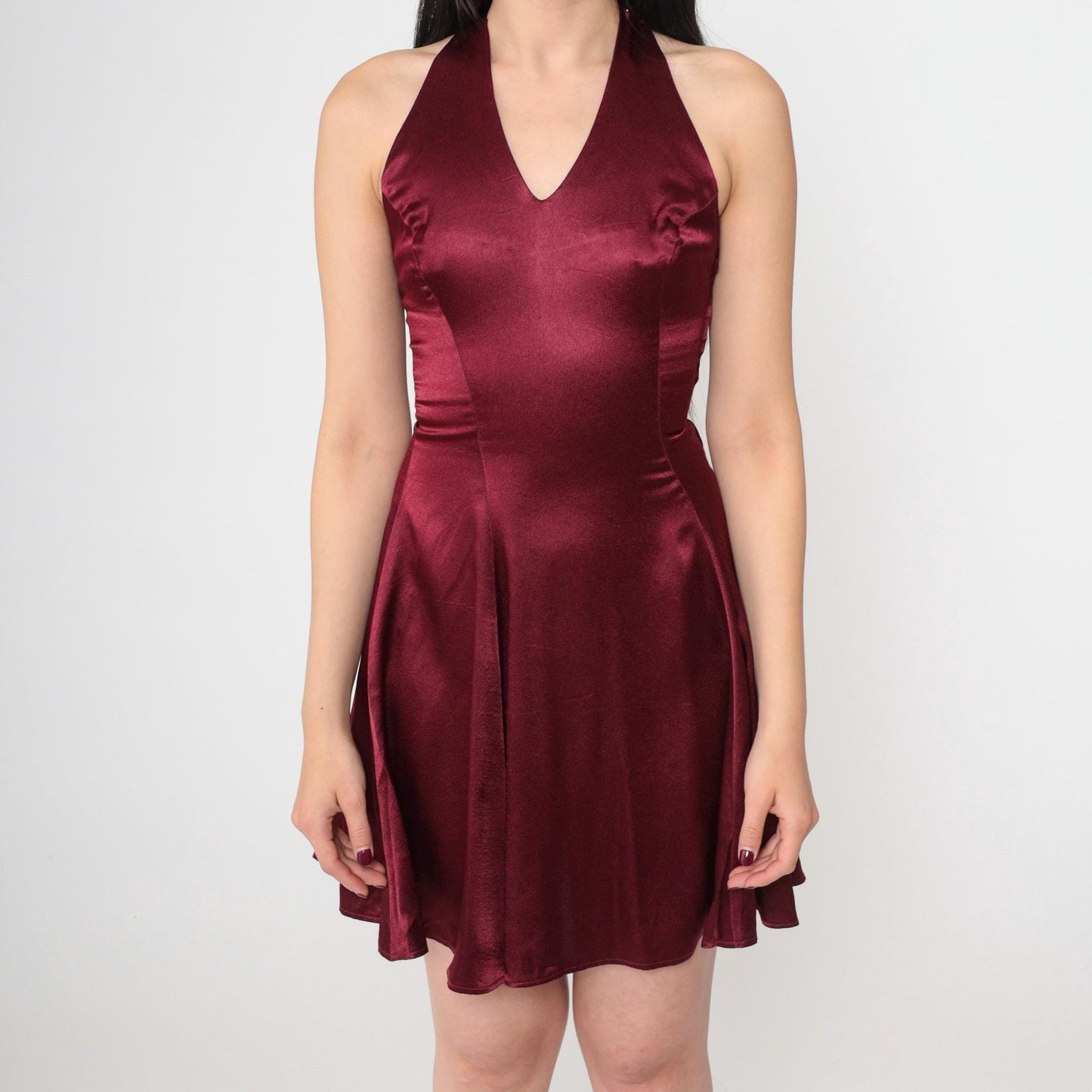 90s Jessica McClintock Gunne Sax Burgundy Satin Mini Halter Dress XS