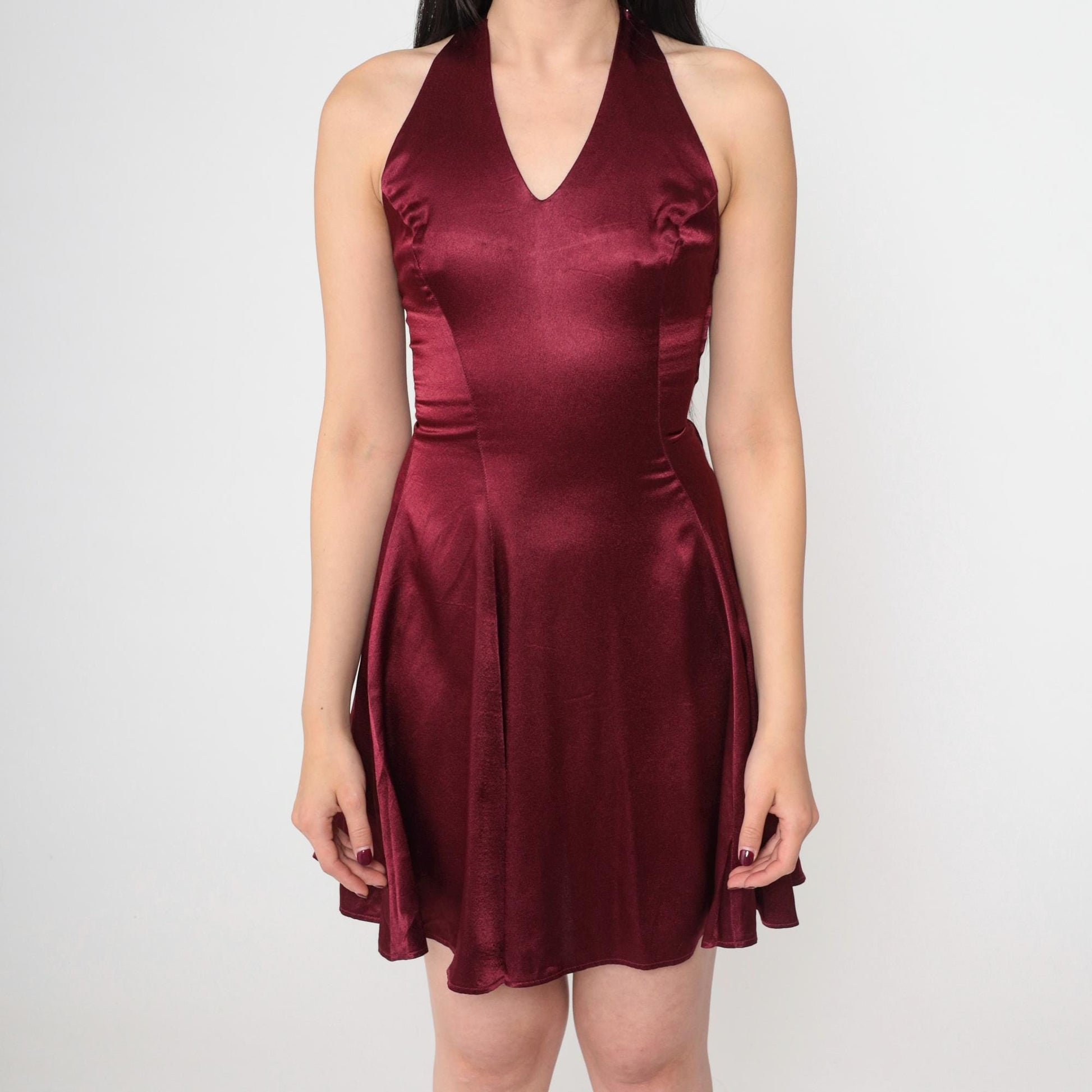90s Jessica McClintock Gunne Sax Burgundy Satin Mini Halter Dress XS