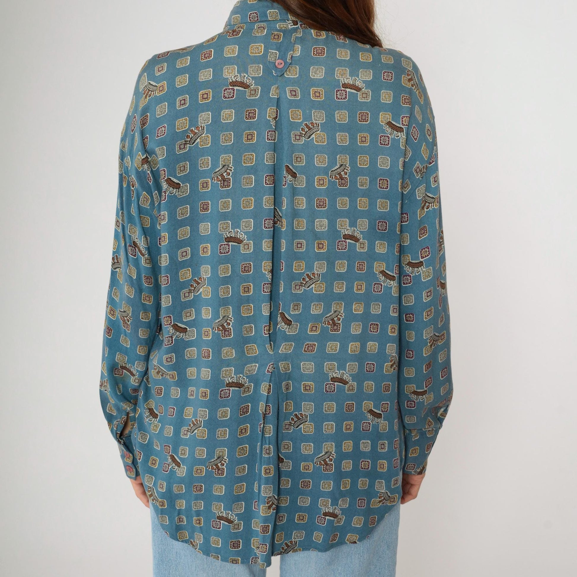 90s Forenza Blue Geometric Crown Print Button Up Shirt Large L