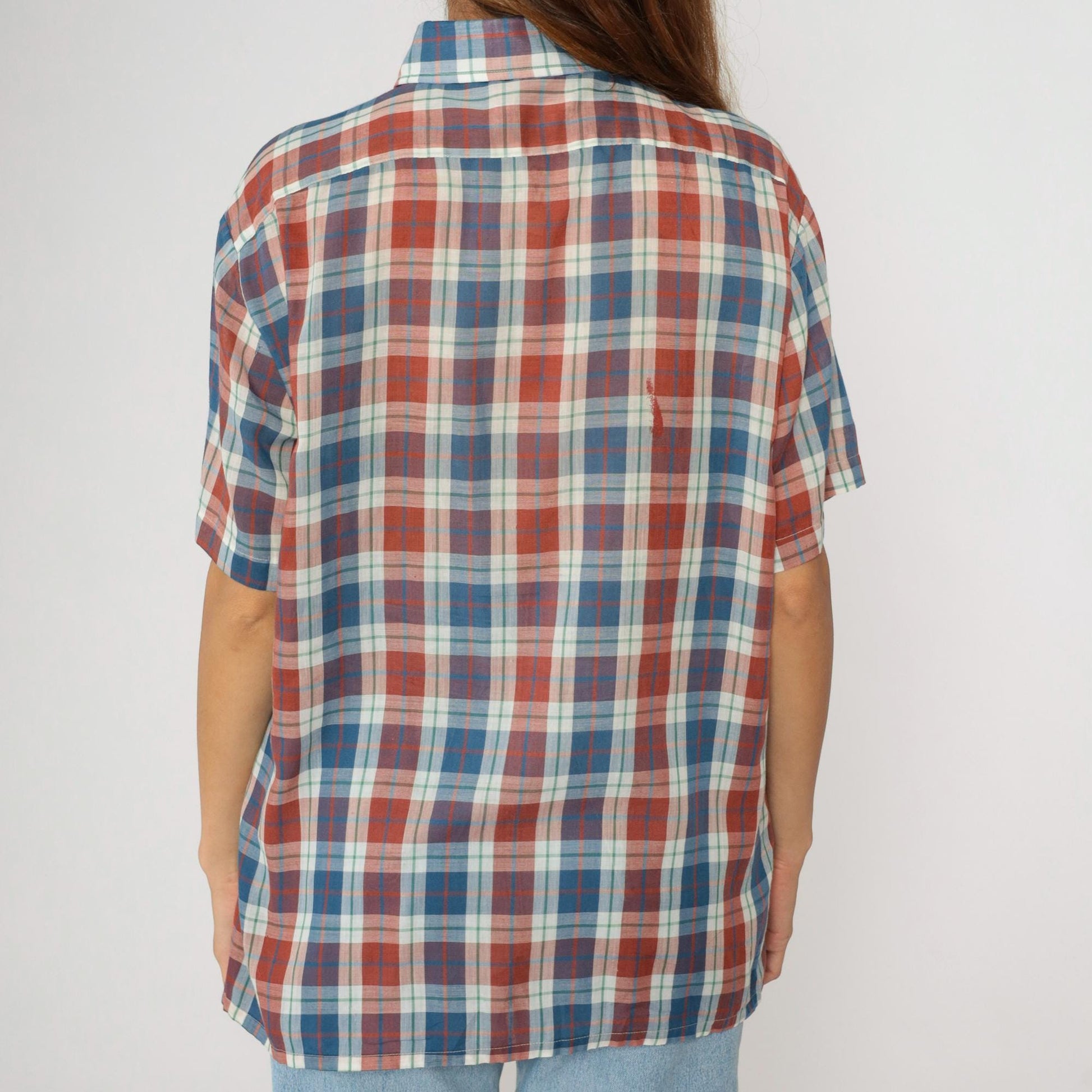 80s Towncraft Plaid Button-Up Shirt Rust White Blue Short Sleeve Large L
