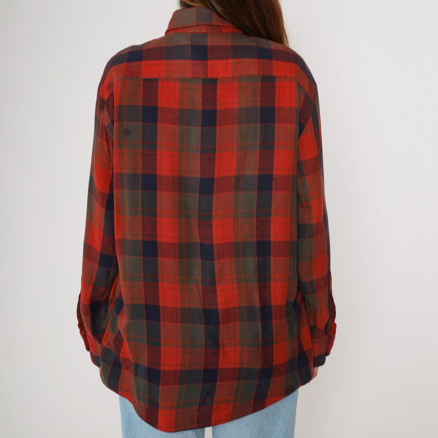 80s Northwest Territory Plaid Button Up Shirt Red Navy Acrylic Men's Large