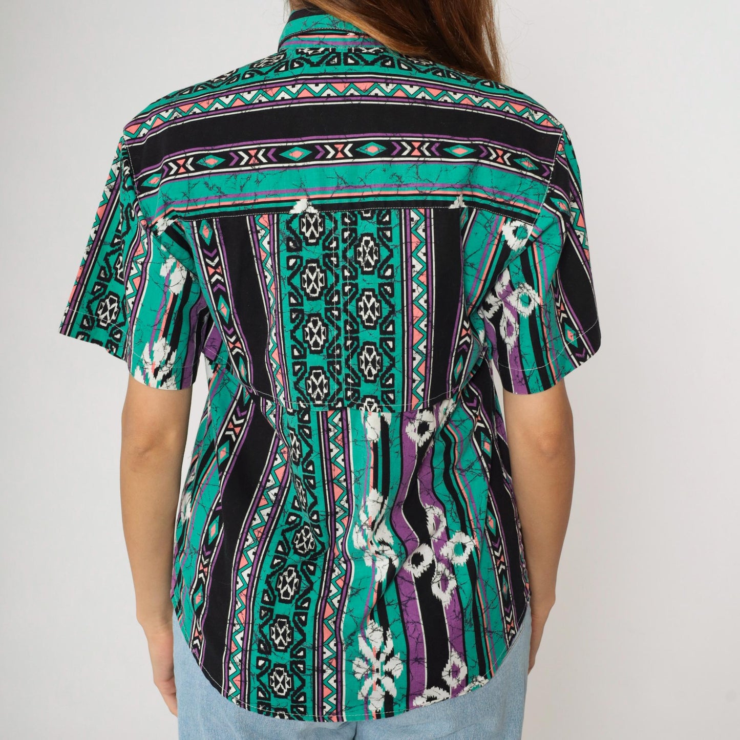 90s Frontier Series Western Shirt Green Purple Aztec Print Snap Button Small