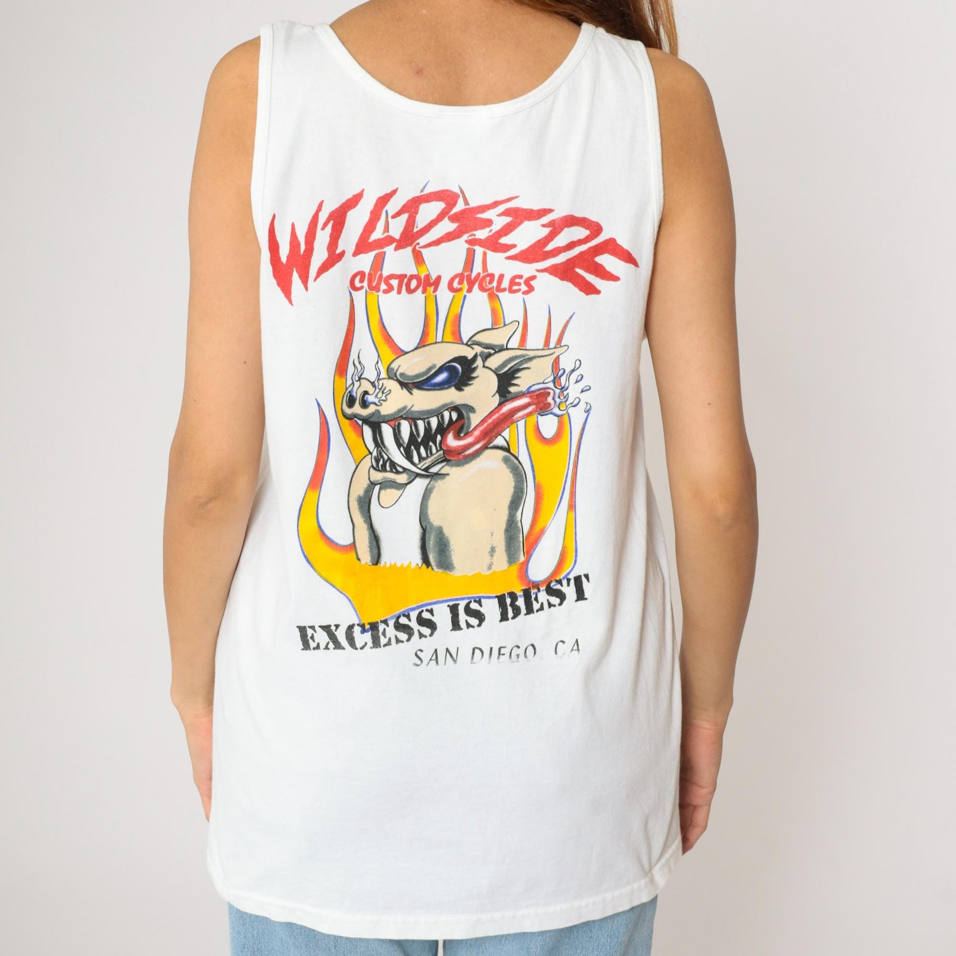 90s Wildside Custom Cycles Biker Tank Top White Flames Graphic Medium
