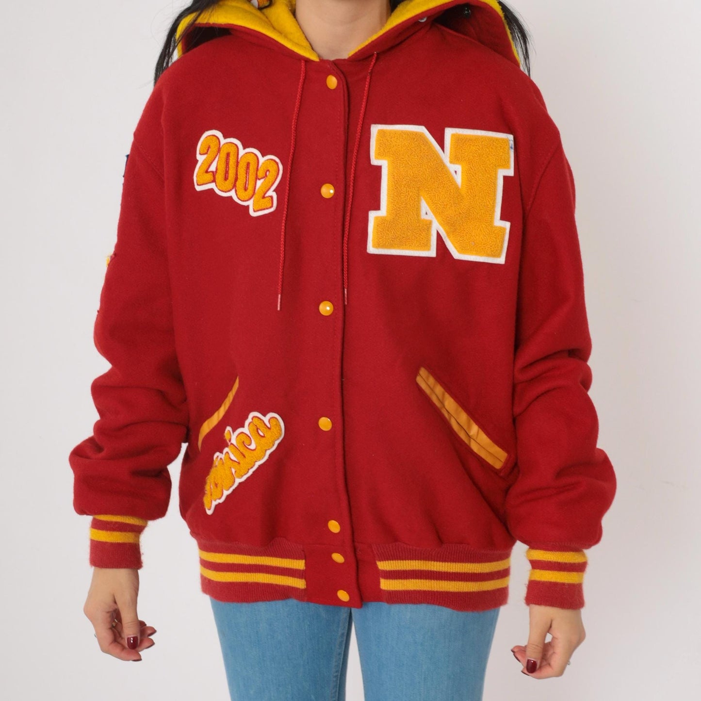 Y2K Letterman Jacket Red Gold Wool Blend Hooded Varsity Coat Large L