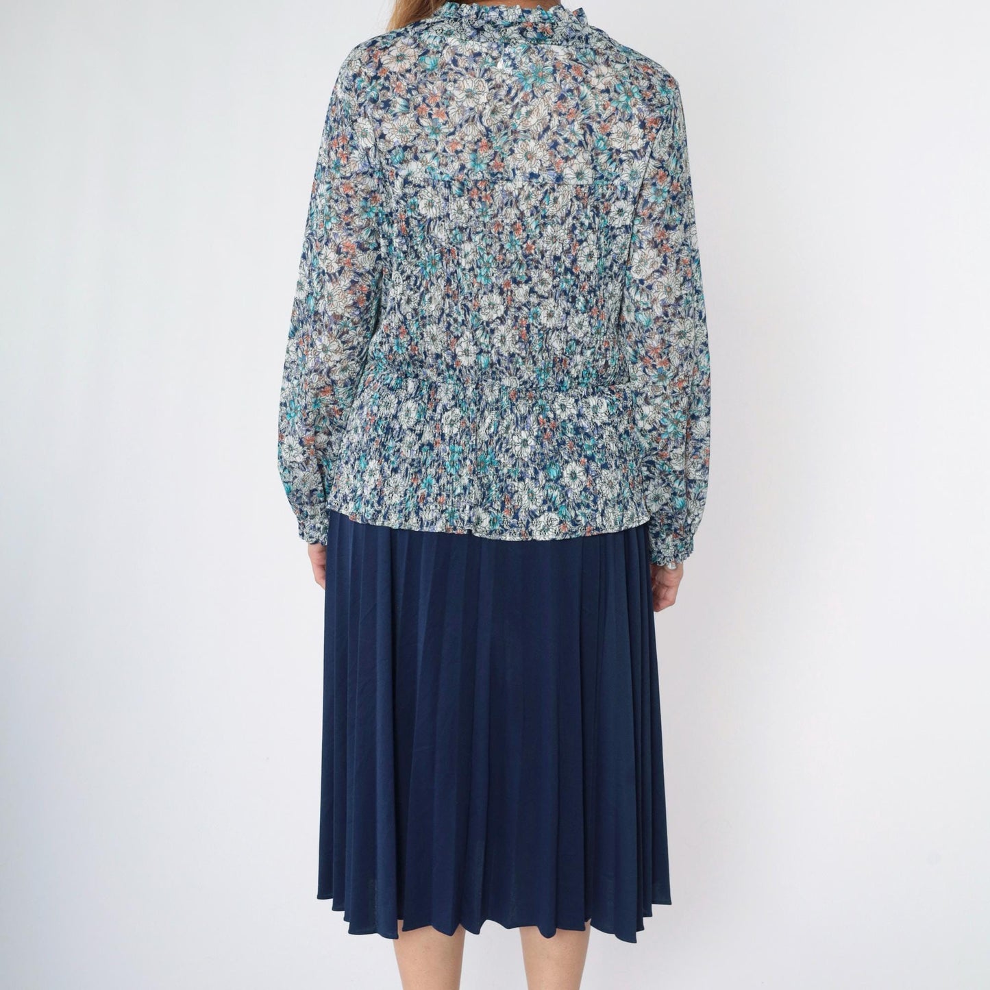 70s Blue Floral Lace Midi Dress Long Sleeve Ruffle Collar Smocked Waist Medium Large