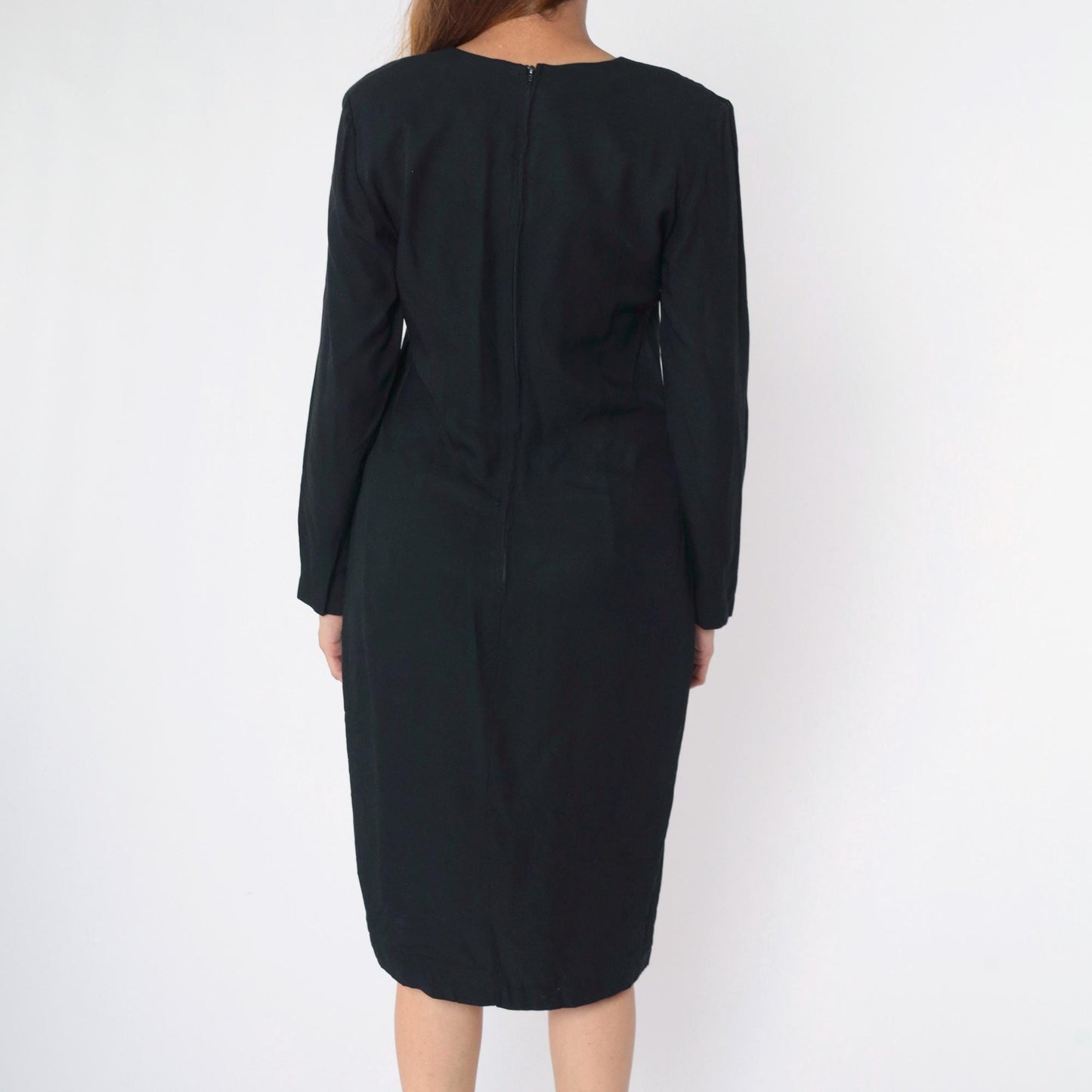 90s Black Beaded Sheath Dress Gold Studs Long Sleeve Button Front Midi Medium