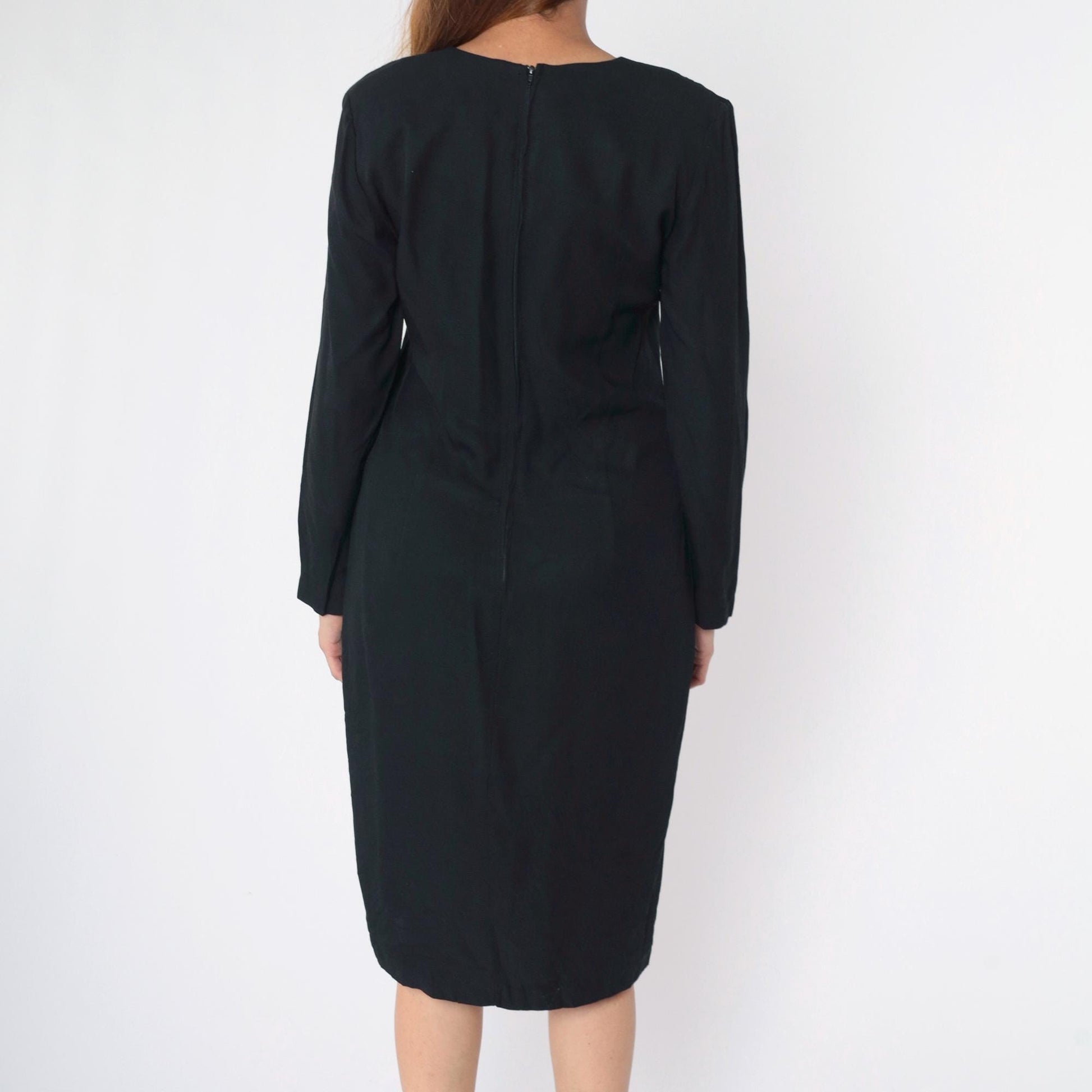 90s Black Beaded Sheath Dress Gold Studs Long Sleeve Button Front Midi Medium