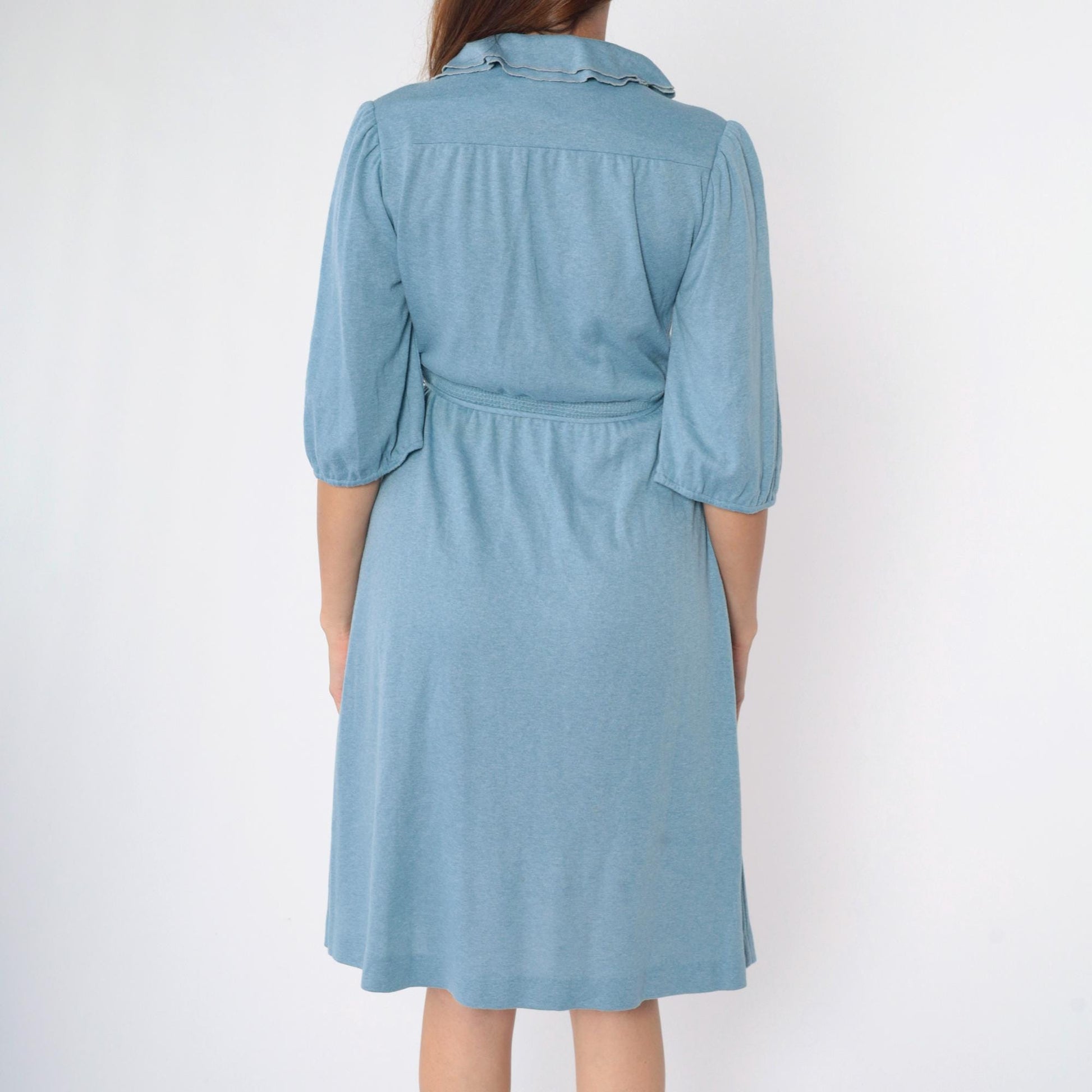 70s Monique Blue Midi Dress Peter Pan Collar Puff Sleeve Smocked Waist Small