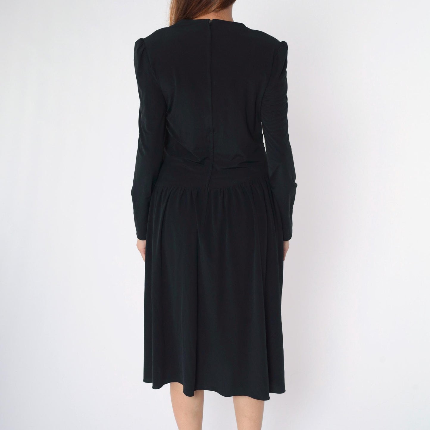 80s Saks Fifth Avenue Black Midi Dress Puff Sleeve Draped Ruched Medium