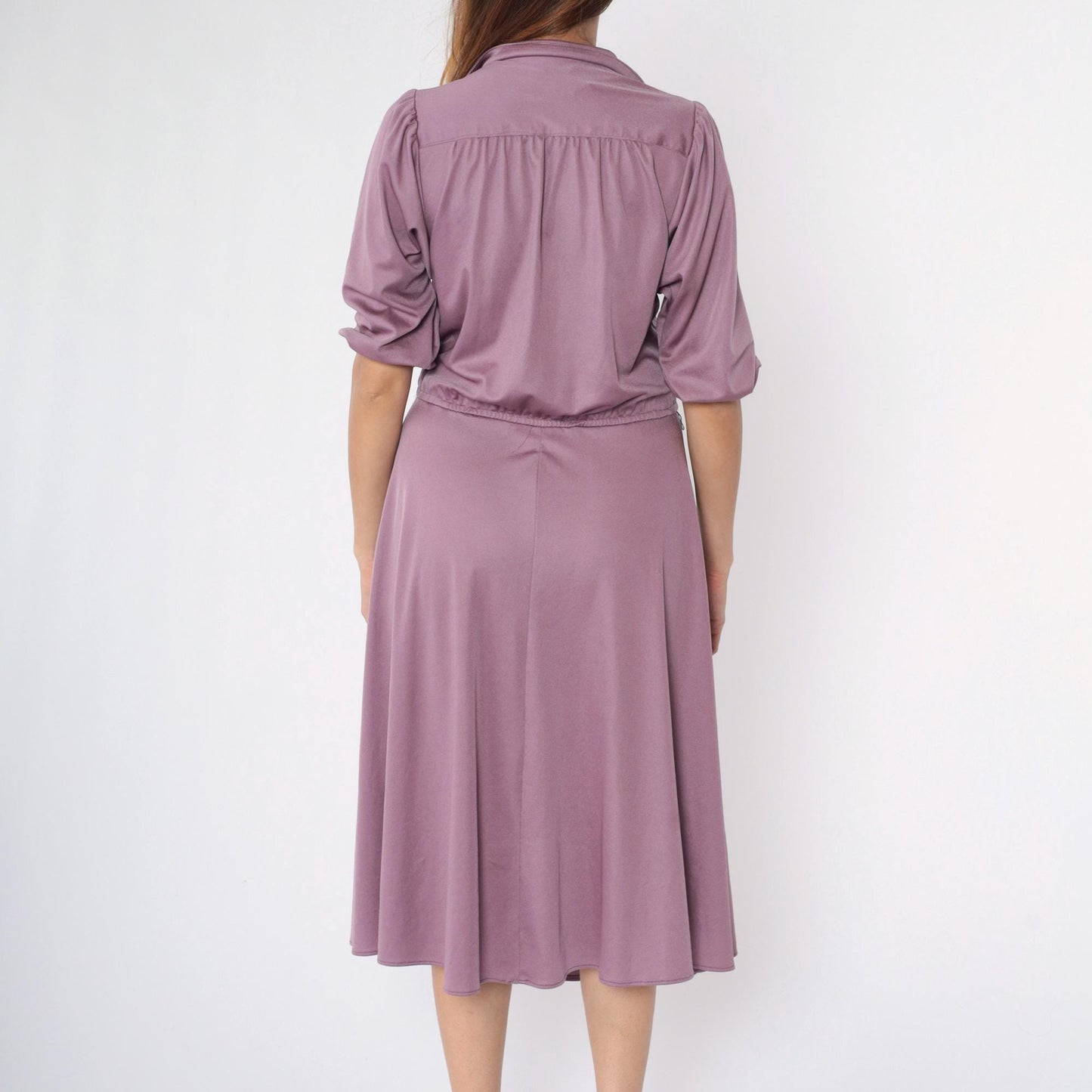 80s Purple Puff Sleeve Midi Shirtdress High Waist Button Up Medium Large