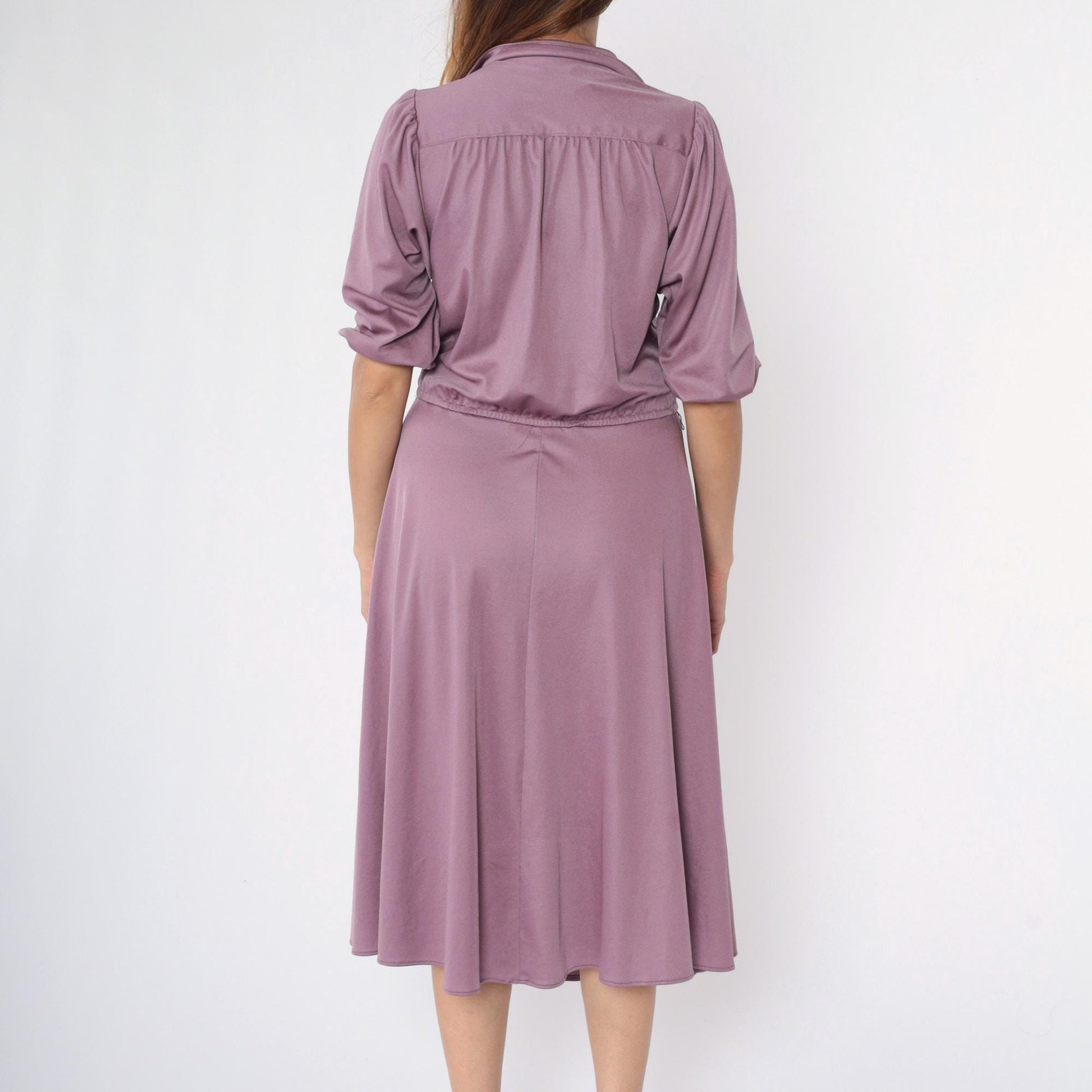 80s Purple Puff Sleeve Midi Shirtdress High Waist Button Up Medium Large