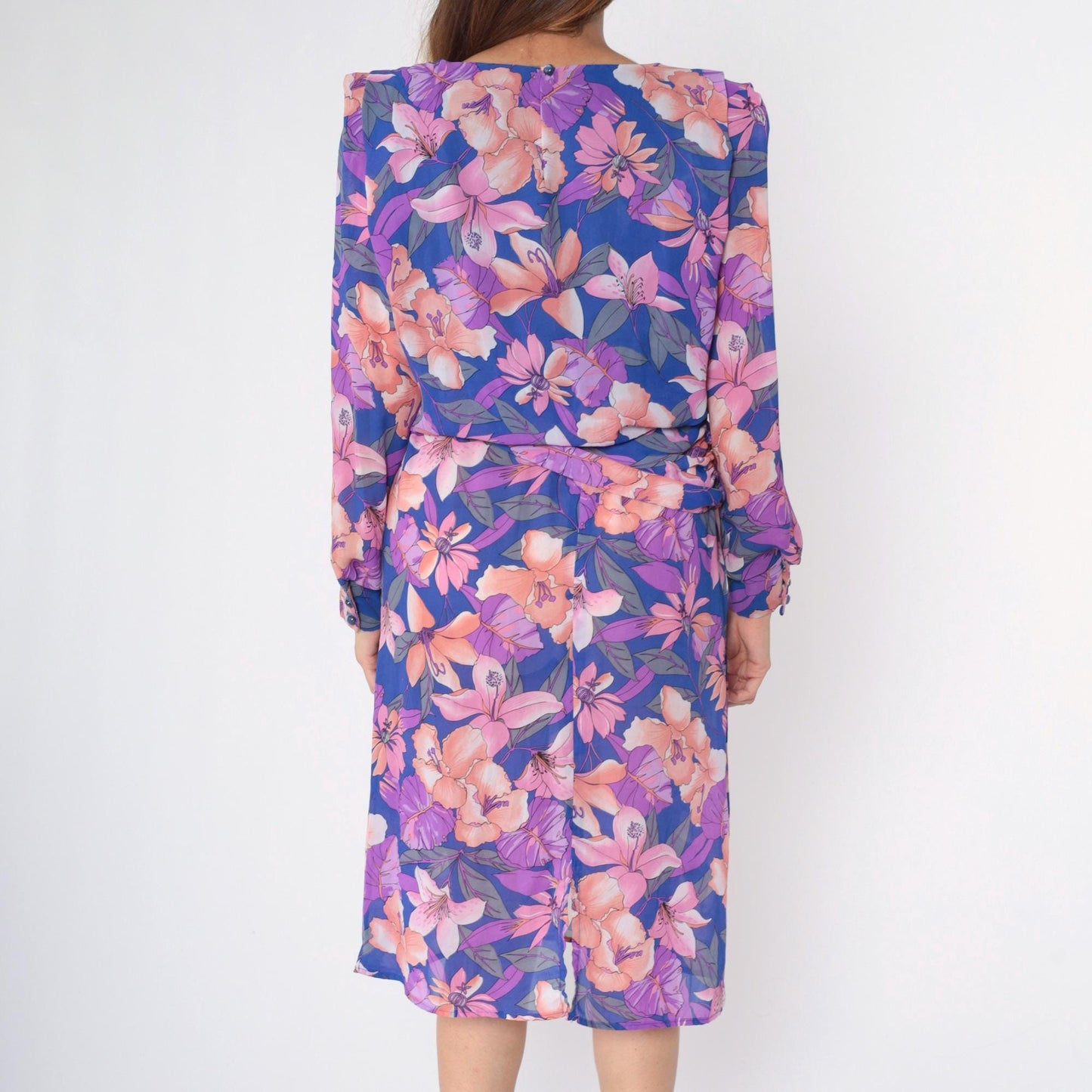 80s Tropical Floral Midi Dress Purple Hibiscus Print Puff Sleeve Tie Waist Medium