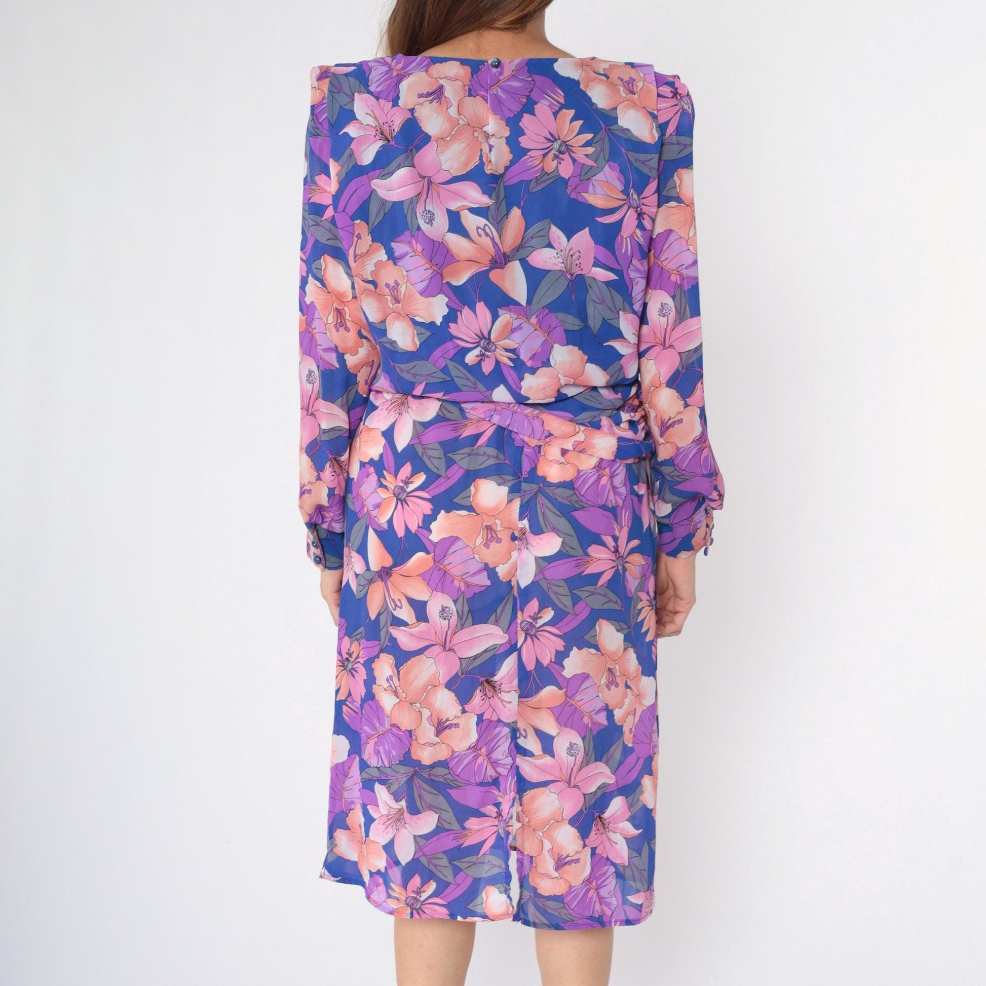 80s Tropical Floral Midi Dress Purple Hibiscus Print Puff Sleeve Tie Waist Medium