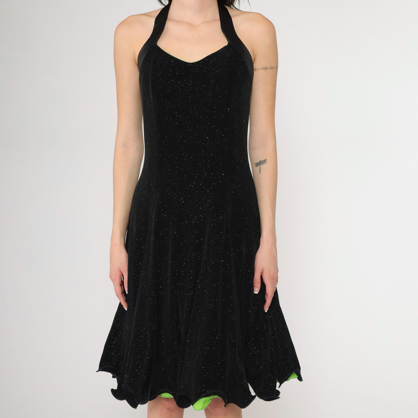90s Black Glitter Halter Dress Lime Green Lining Knee Length Small