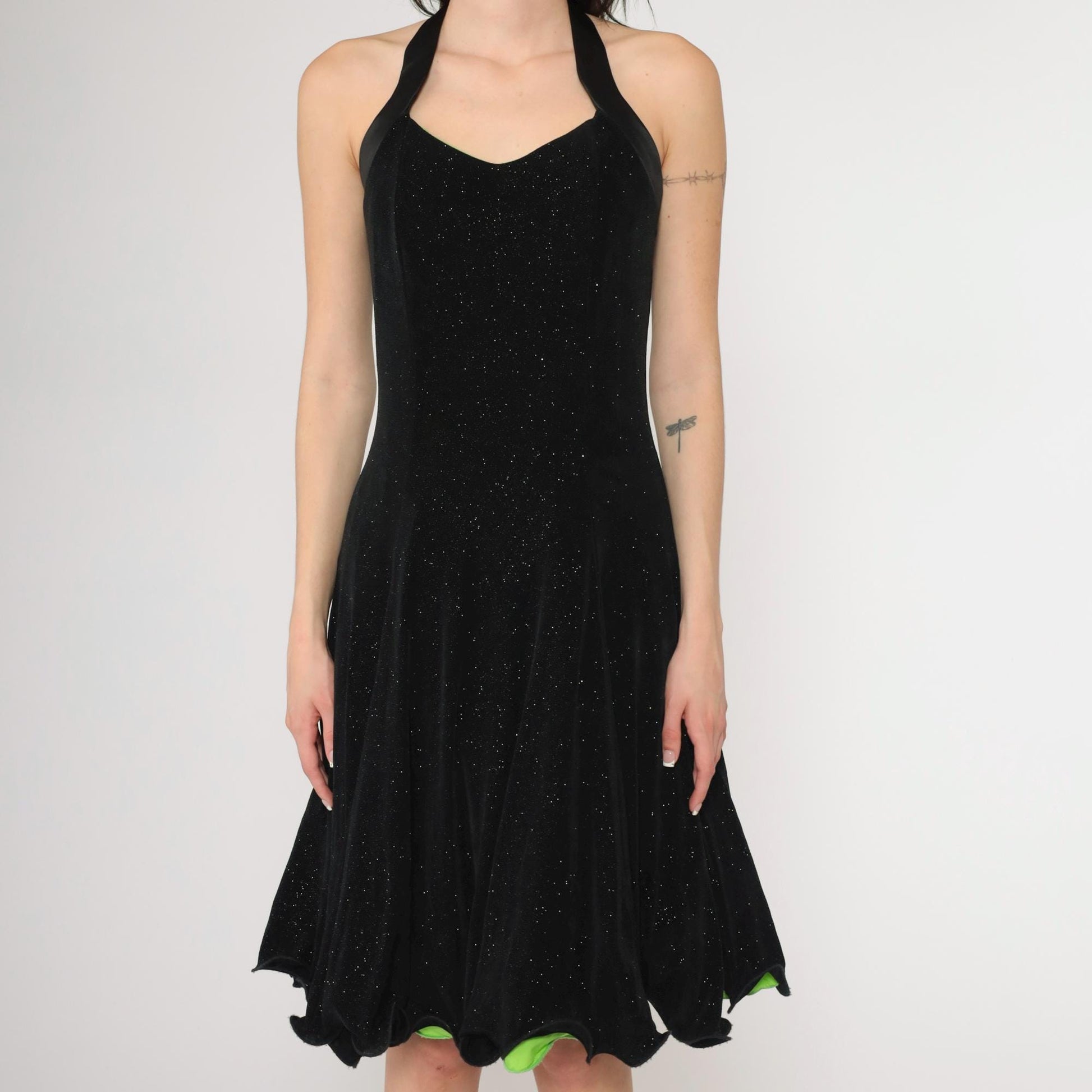 90s Black Glitter Halter Dress Lime Green Lining Knee Length Small