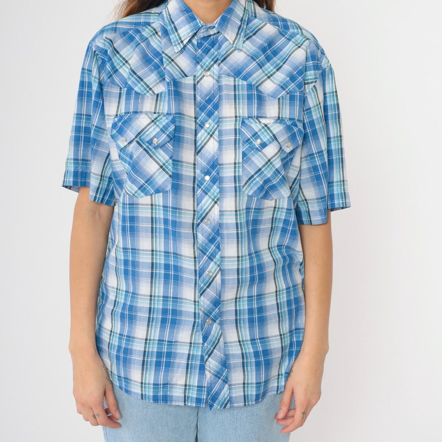 90s Rustler by Wrangler Western Shirt Blue Plaid Pearl Snap Metallic Large
