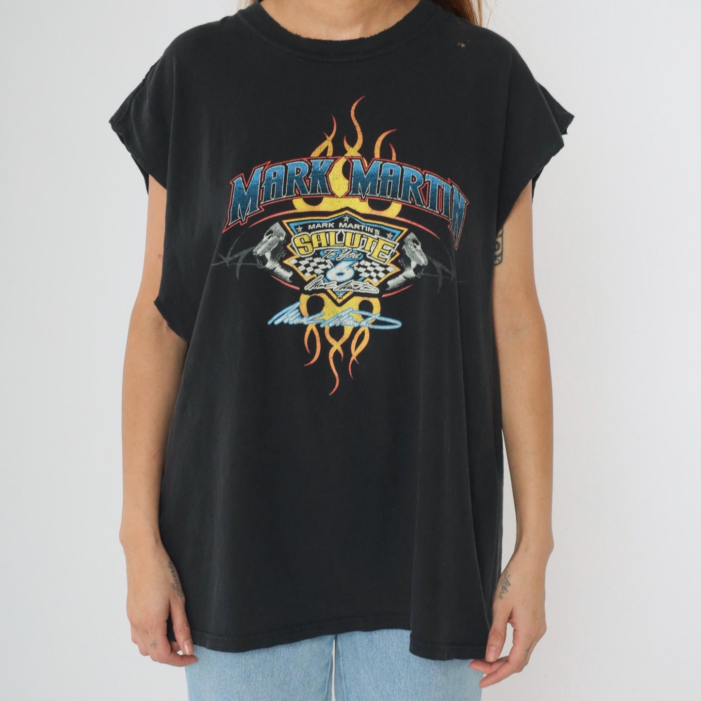 Y2K NASCAR Mark Martin Flame Graphic Muscle Tee Black XXL