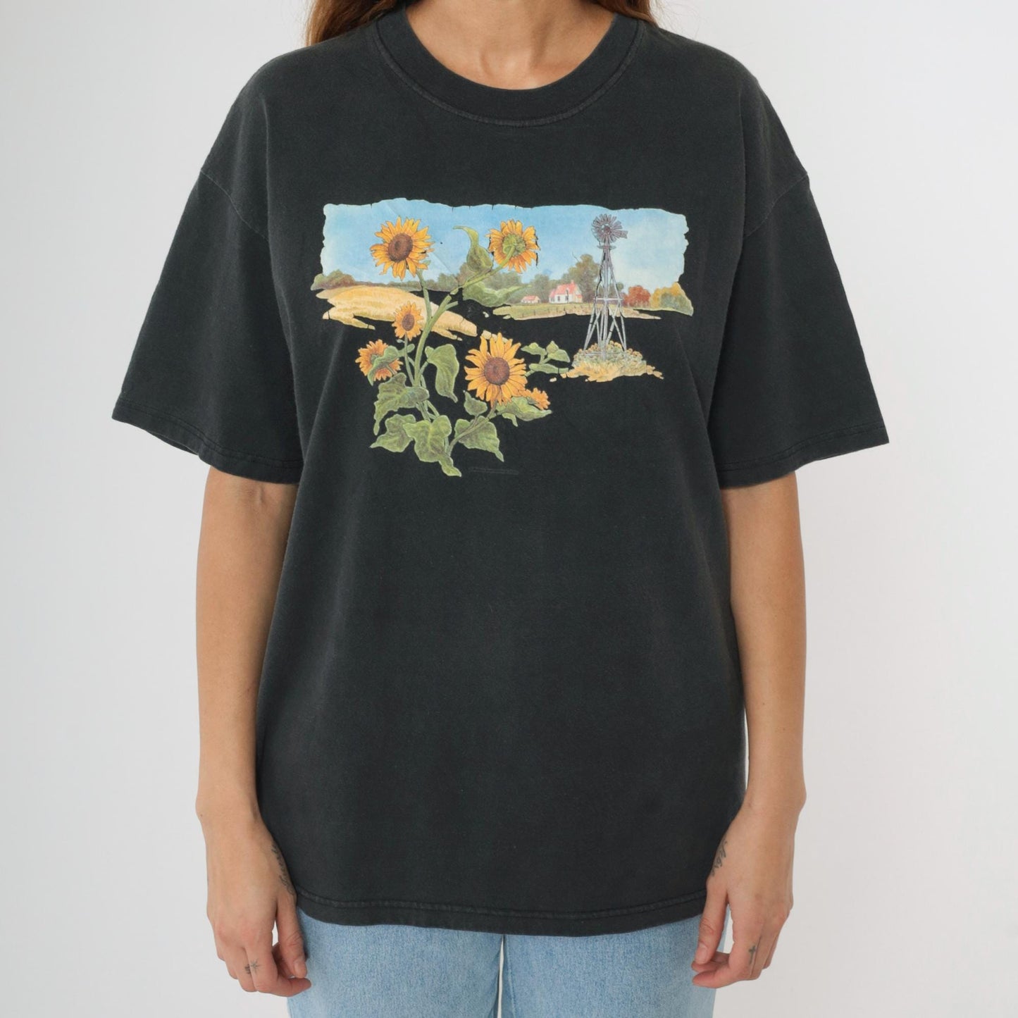 Y2K Farm Windmill Sunflower Graphic T-Shirt Black Cotton Crewneck Medium