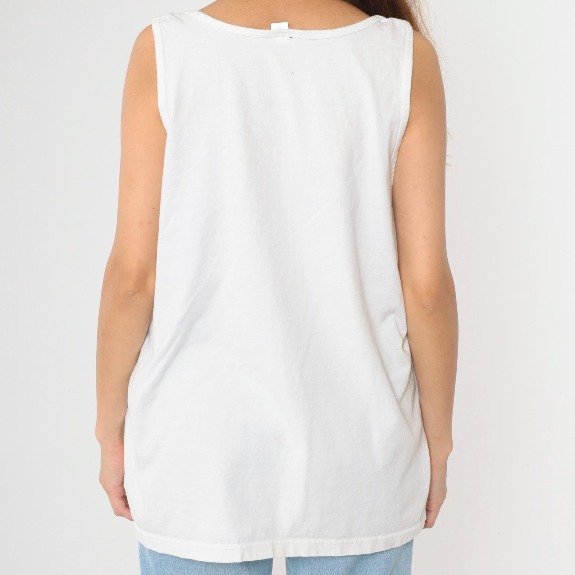 90s Floral Scoop Neck Tank Top White Botanical Graphic Large L