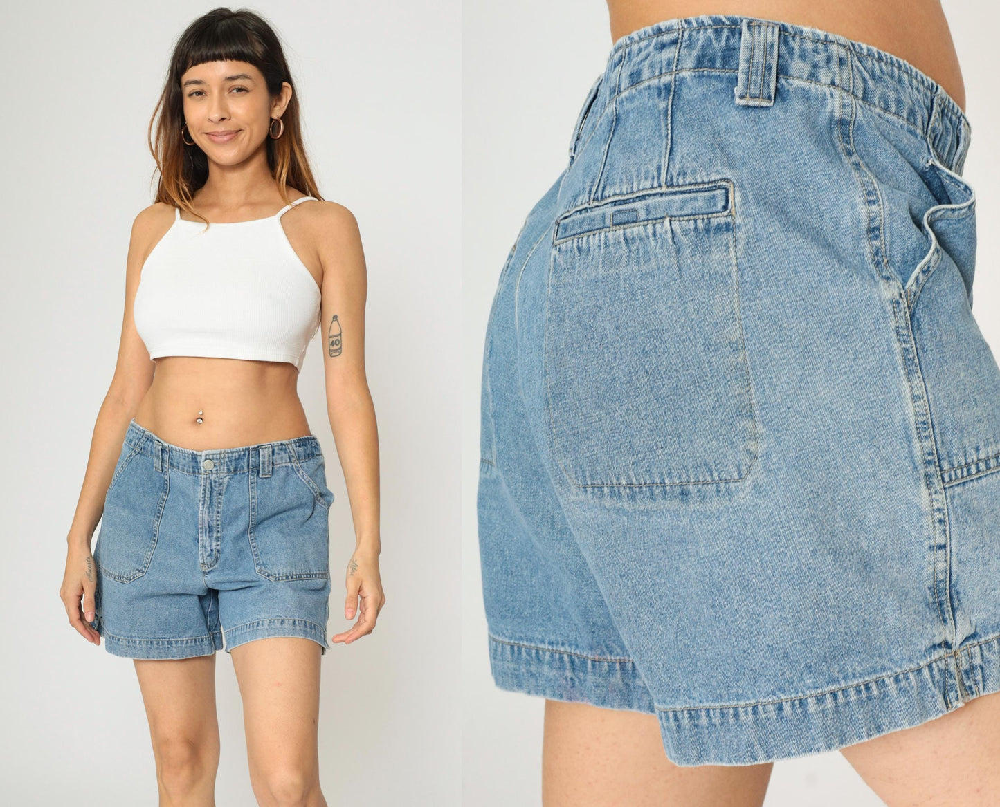 90s Blue Denim Cargo Shorts High Waist Cotton Jean Shorts Medium Large