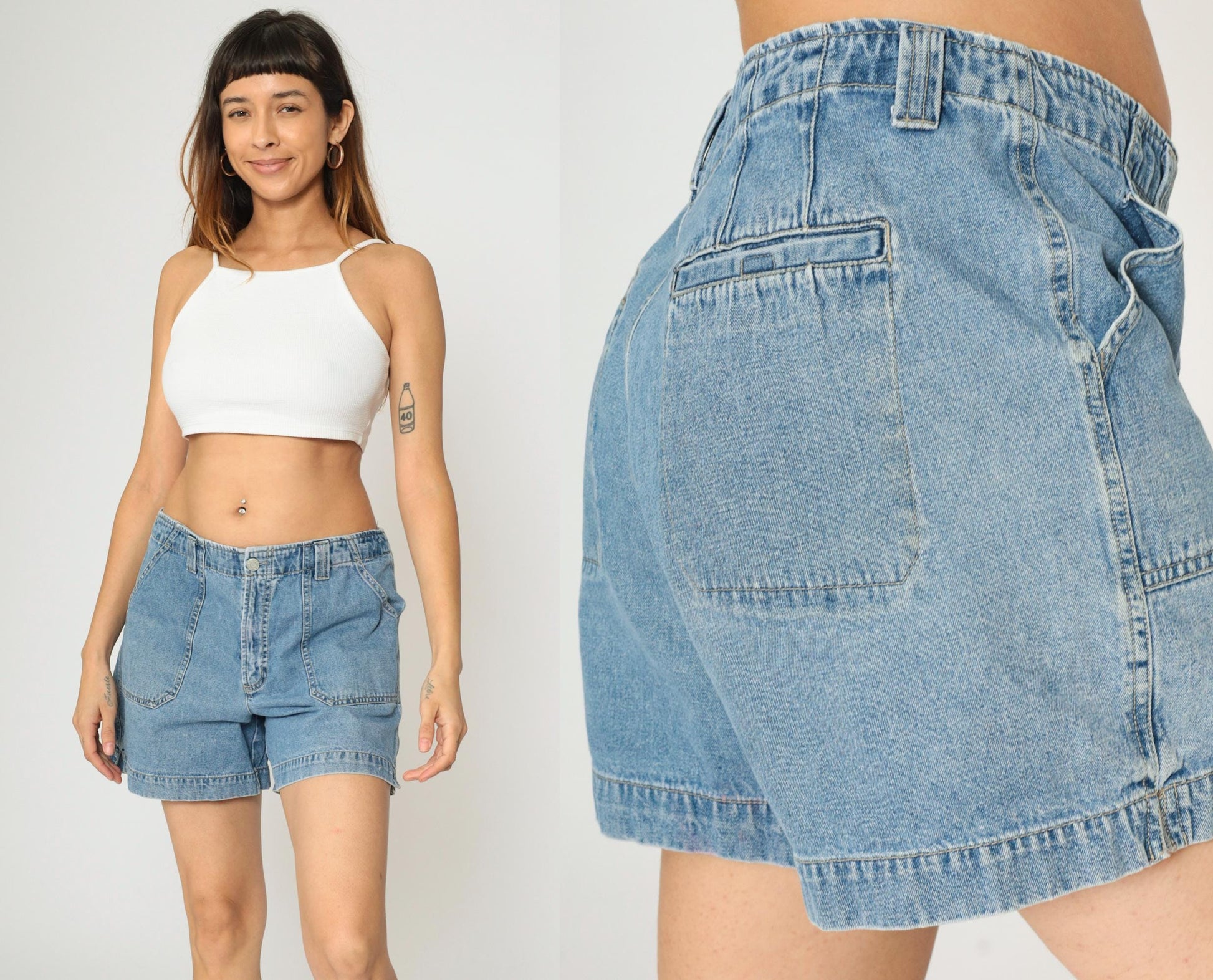 90s Blue Denim Cargo Shorts High Waist Cotton Jean Shorts Medium Large