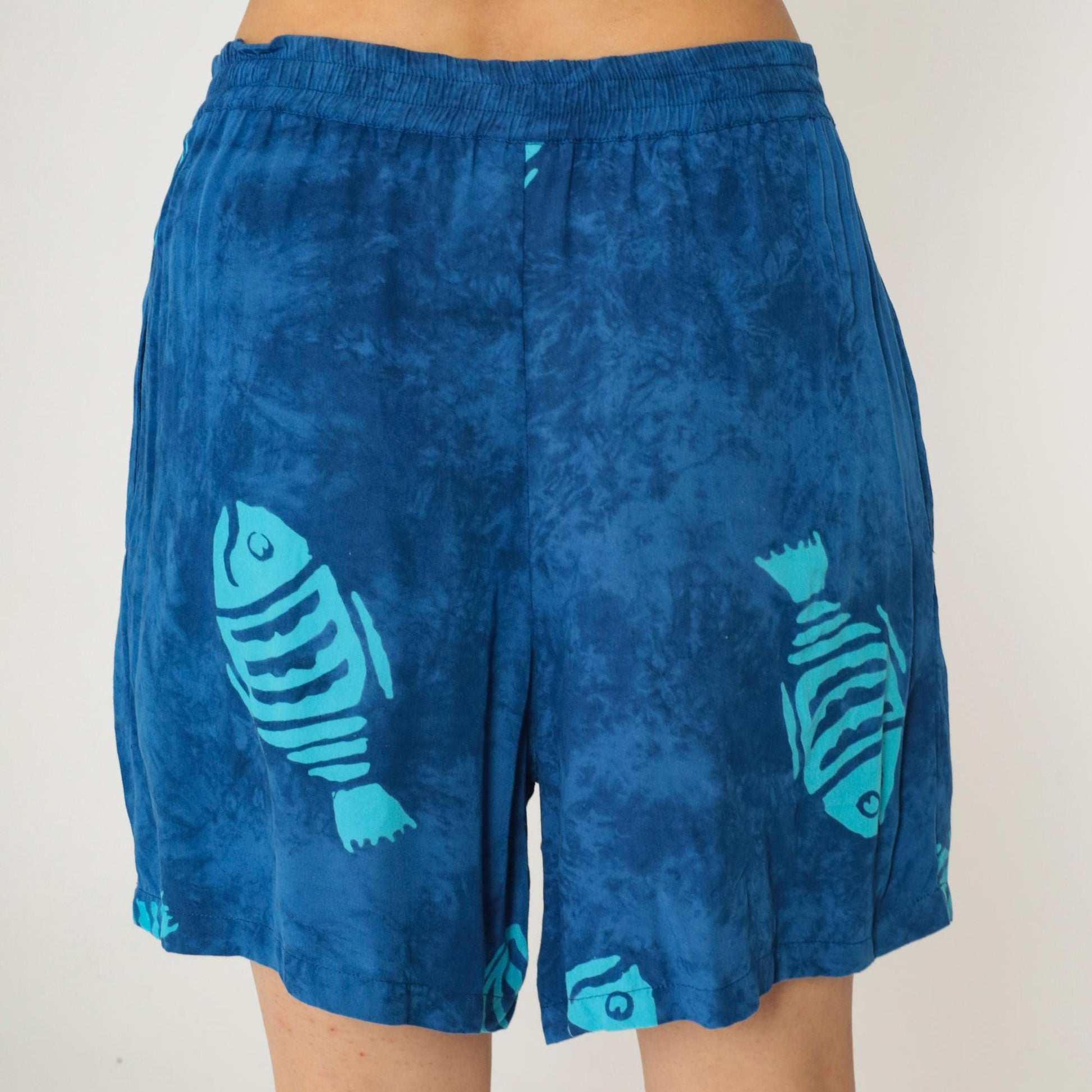 Y2K Blue Tie Dye Fish Print Shorts Elastic Waist Rayon Medium M
