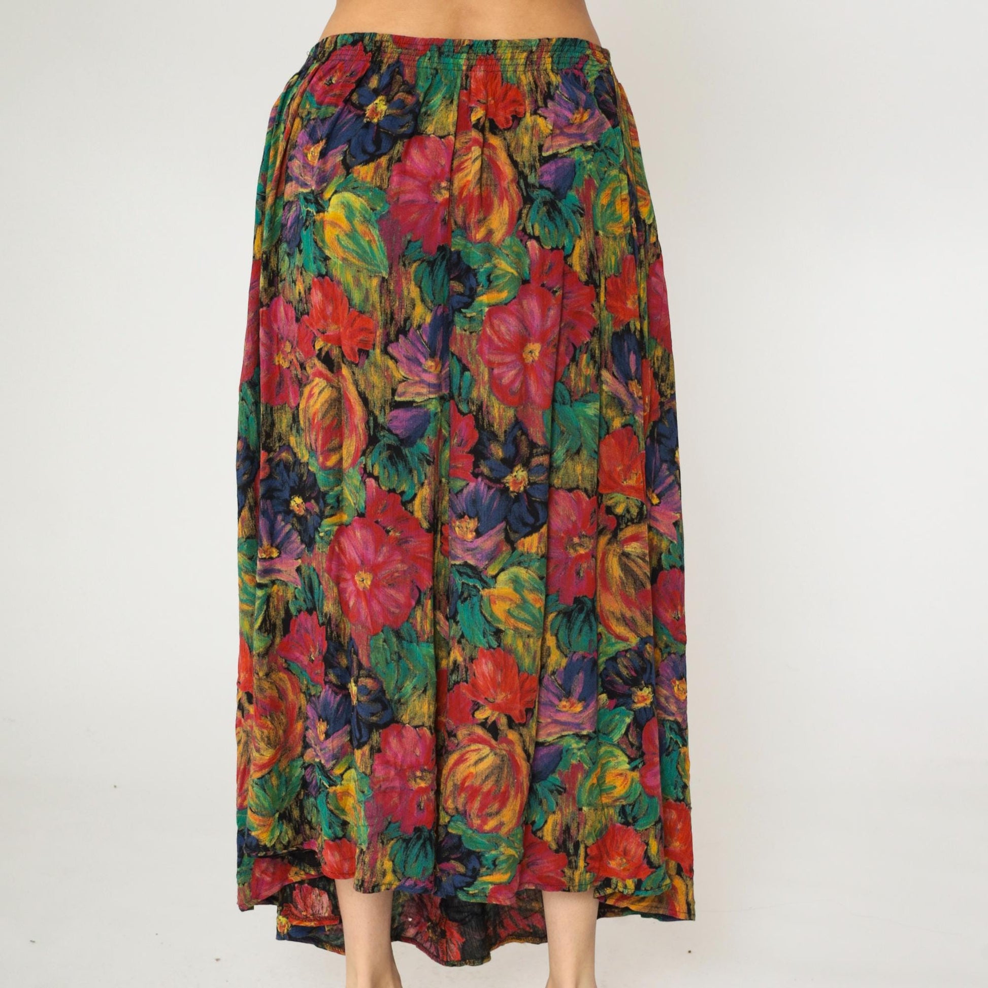 90s Floral Midi Skirt Watercolor Print High Elastic Waist Multicolor Large