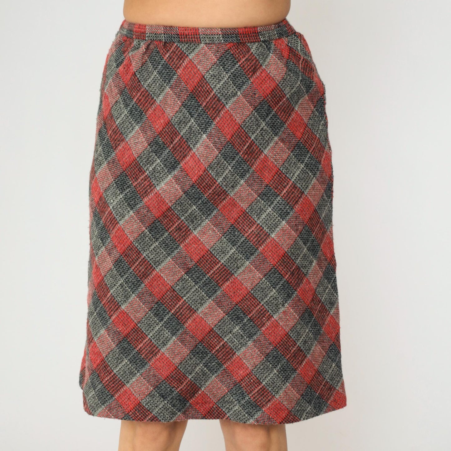 80s Checkered Skirt Grey Red High Waisted Straight Knee Length Extra Small