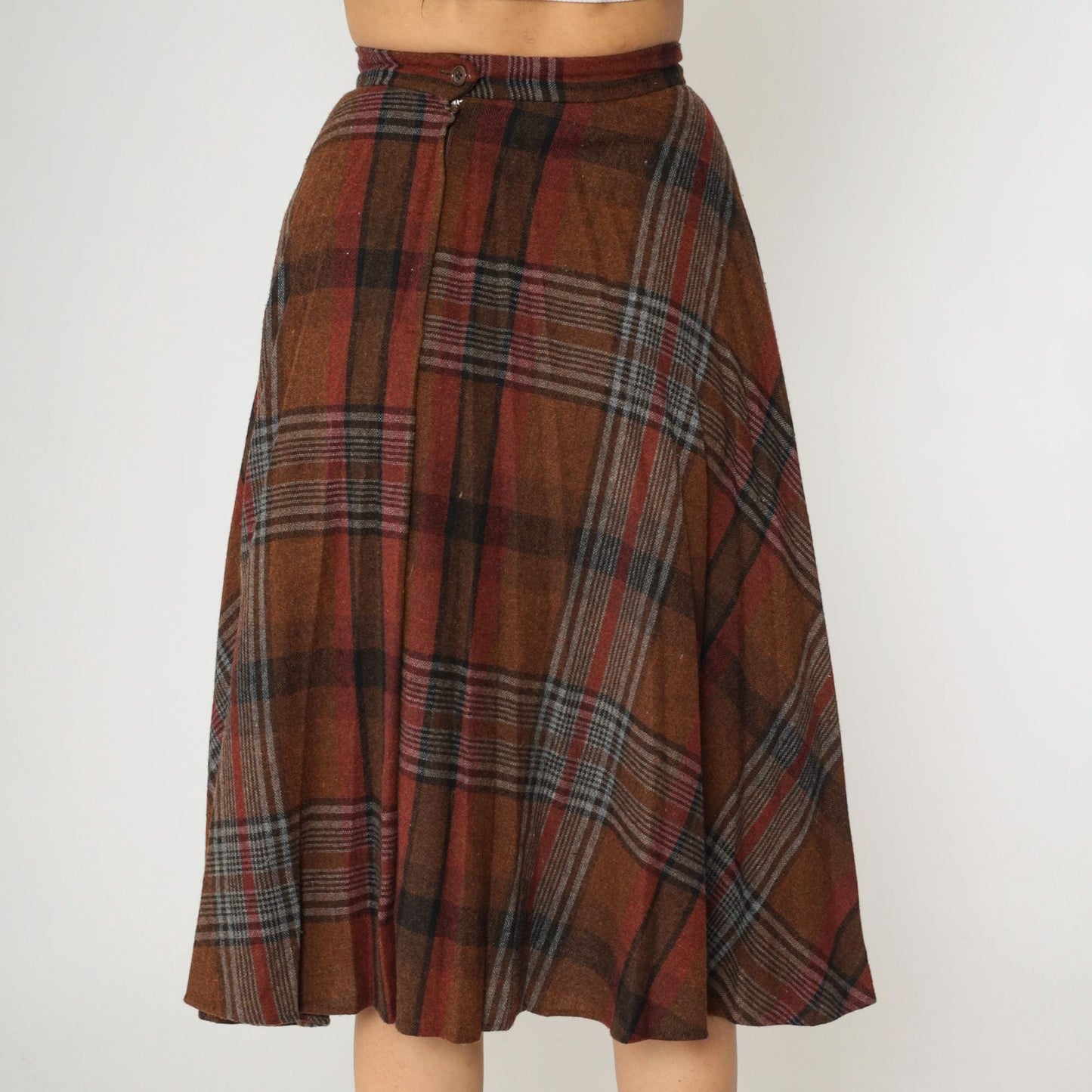 80s Russ Togs II Plaid Midi Skirt Brown High-Waisted A-Line Small