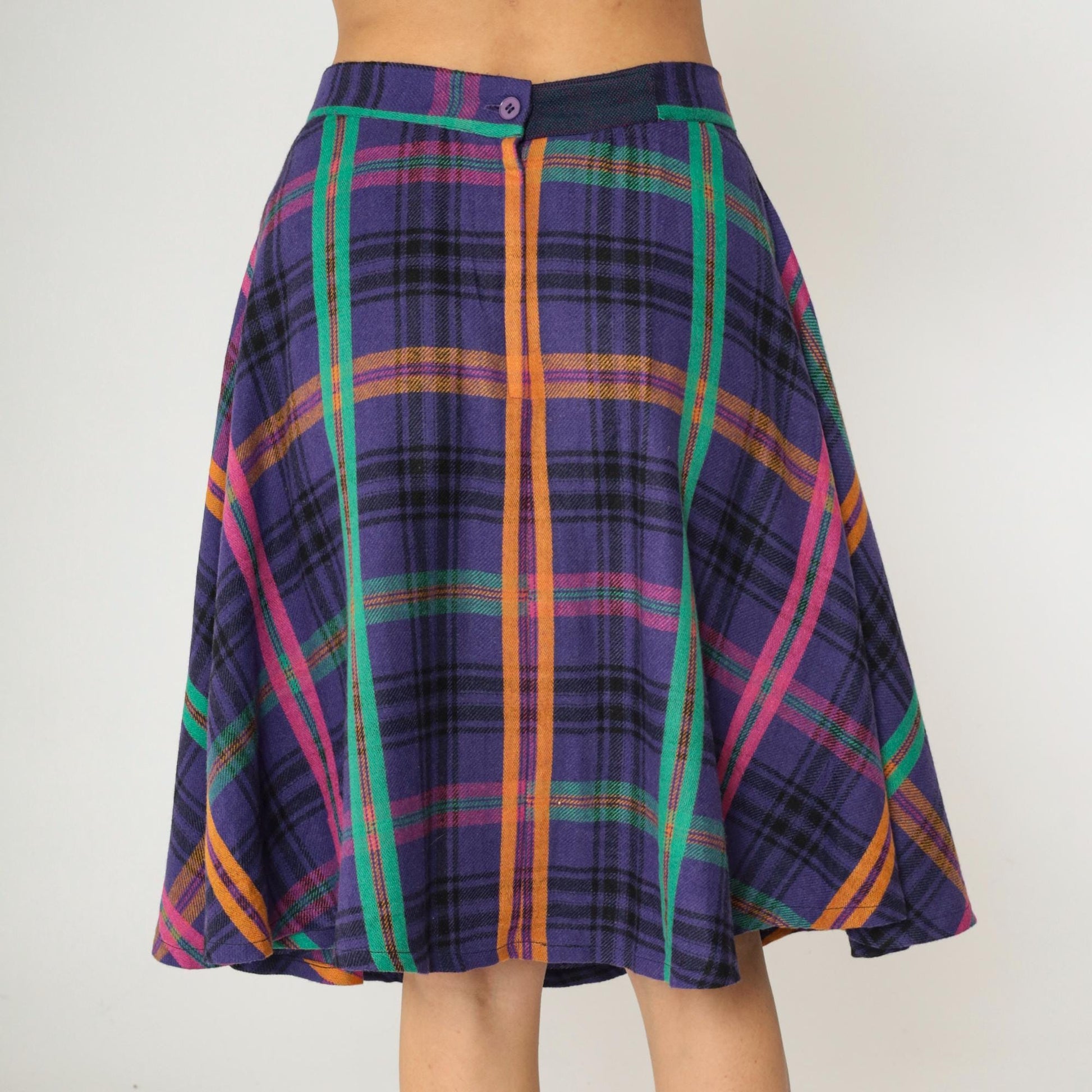 90s Purple Plaid Midi Skirt High Waisted Checkered School Girl Medium M