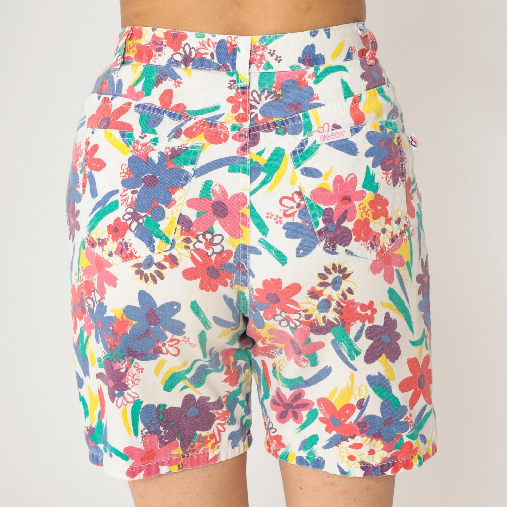 90s Sasson Floral Denim Shorts White High Waist Cotton Small