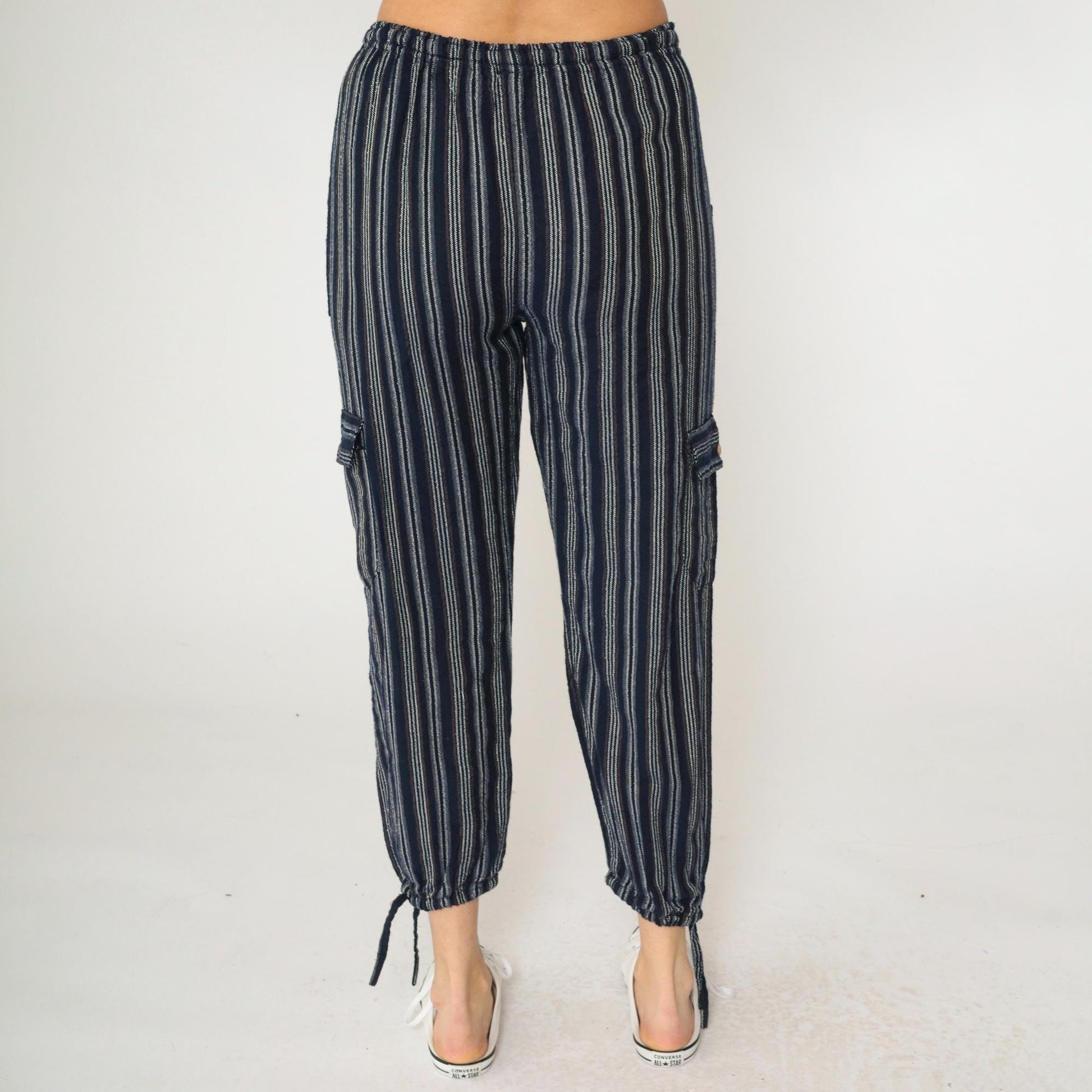 Ecuadorian Striped Navy Cargo Pants Elastic Drawstring Cropped Extra Small