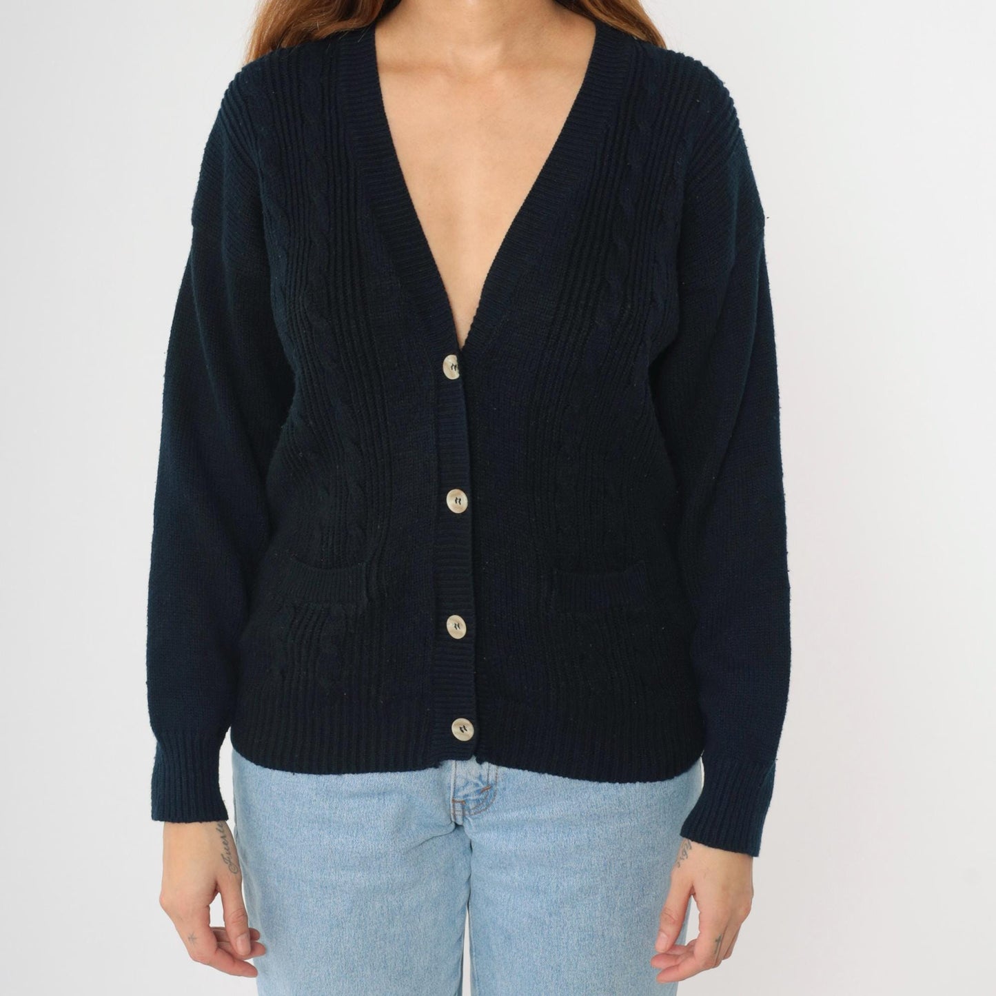 90s Navy Cable Knit Cardigan Button-Up V-Neck Sweater Small S